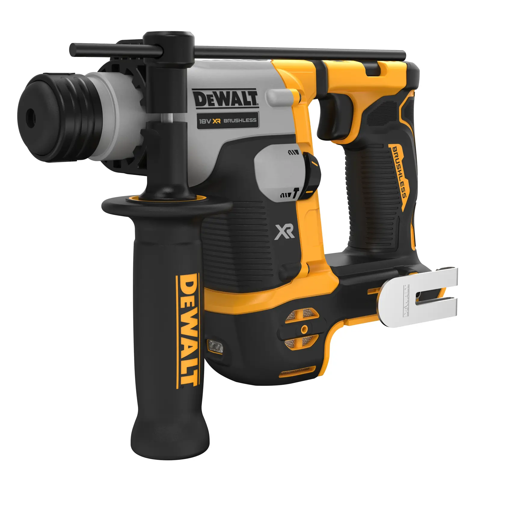 DEWALT DCH172N cordless rotary hammer drill, black and yellow, with side handle and belt hook.