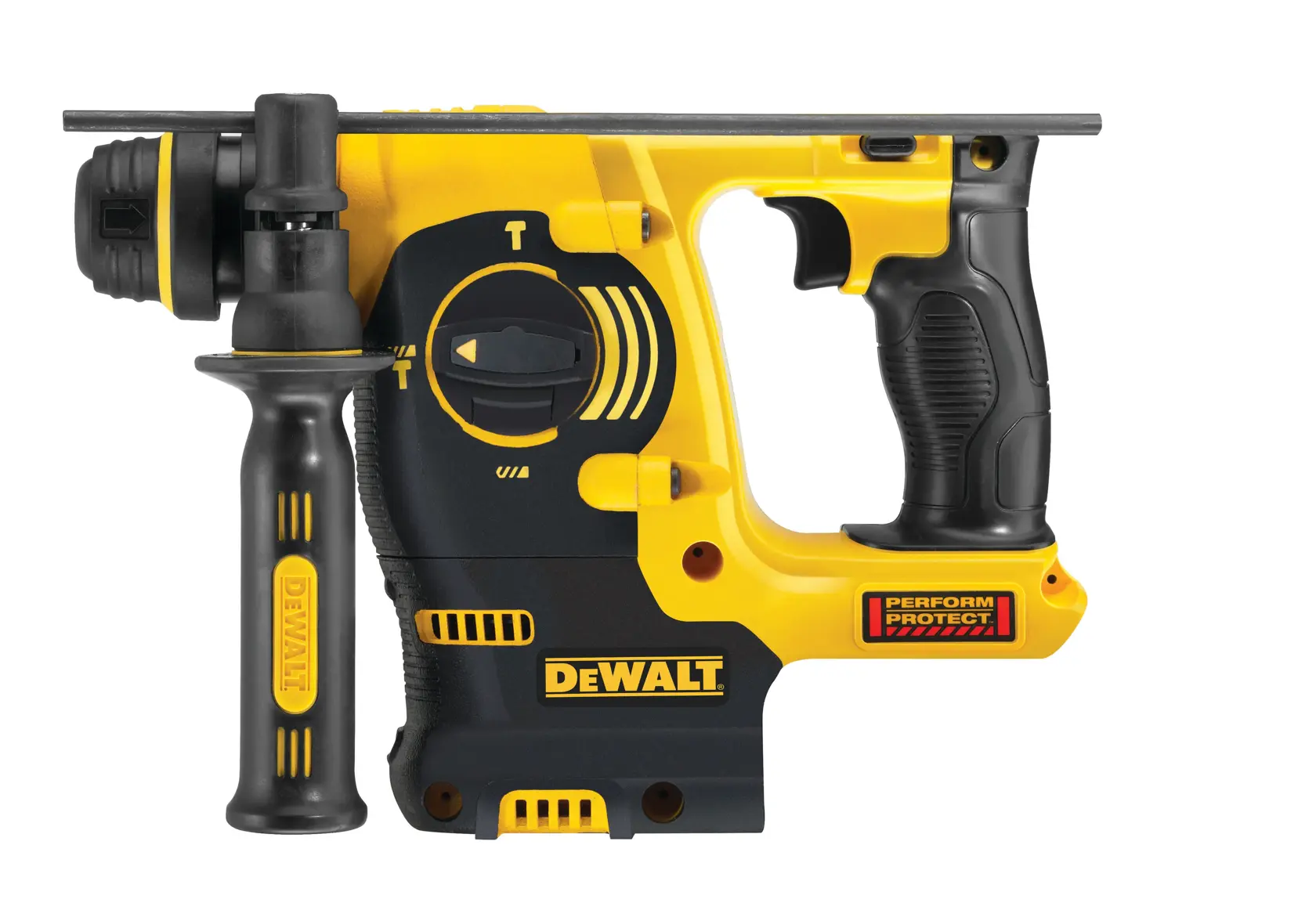 DEWALT DCH253N cordless rotary hammer drill, yellow and black, with side handle and mode selector.