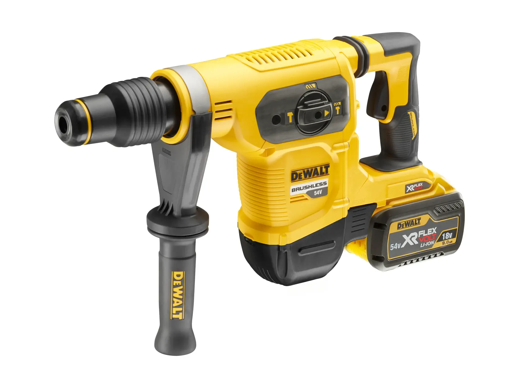 Martillo rotativo DEWALT DCH481N inalámbrico con asa lateral, amarillo y negro, batería de 54V.