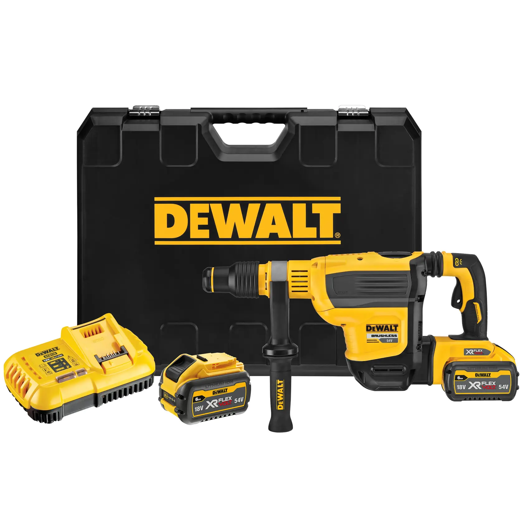Worker uses DEWALT demolition hammer to break concrete wall in construction site.