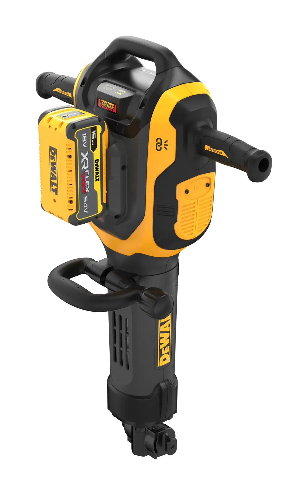Worker uses DEWALT DCH966Z2, DCH966Z2-XE drill on concrete floor in industrial site. Photography product category.