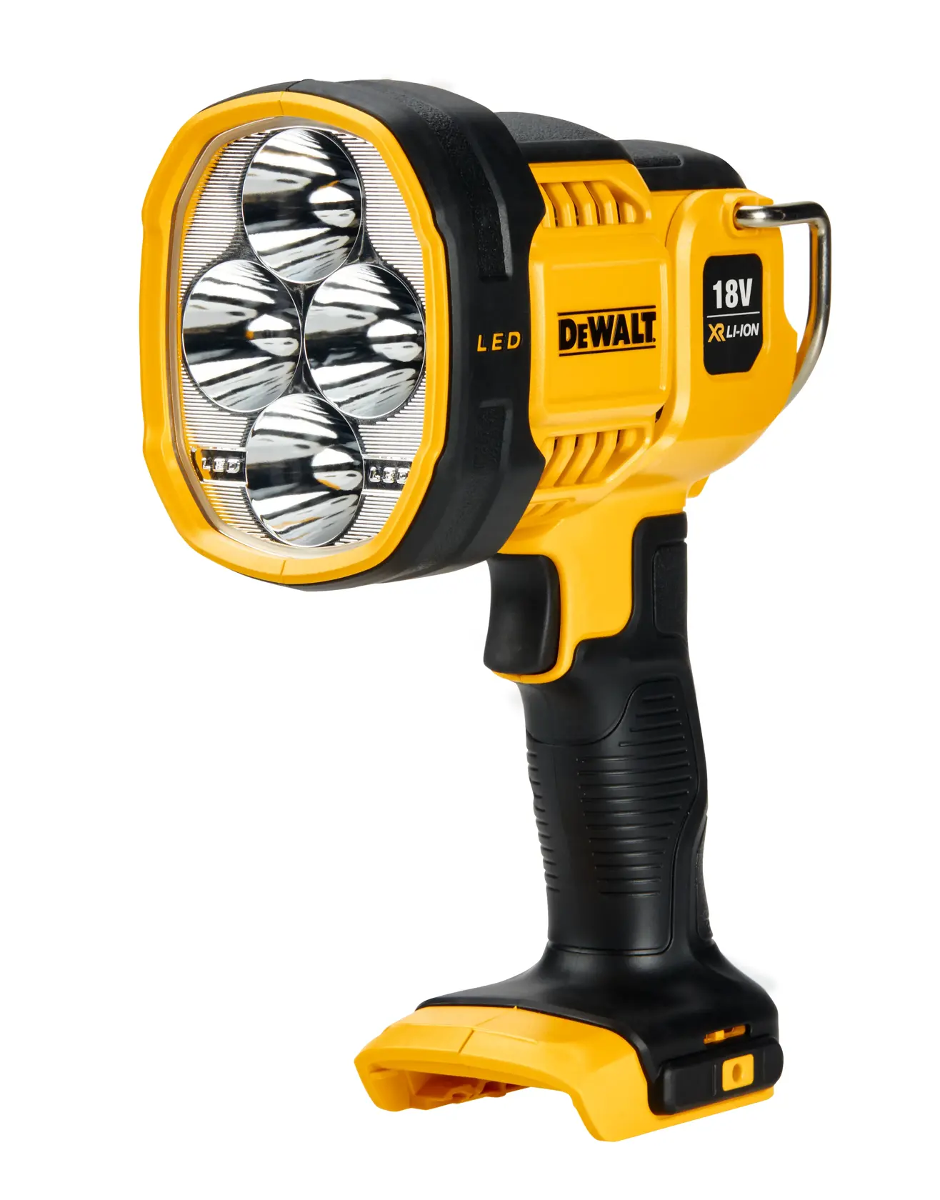 Eine DEWALT 20V MAX LED-Handarbeitslampe mit ergonomischem schwarzem und gelbem Design, einem markanten Griff und einem Batteriefach am unteren Ende.