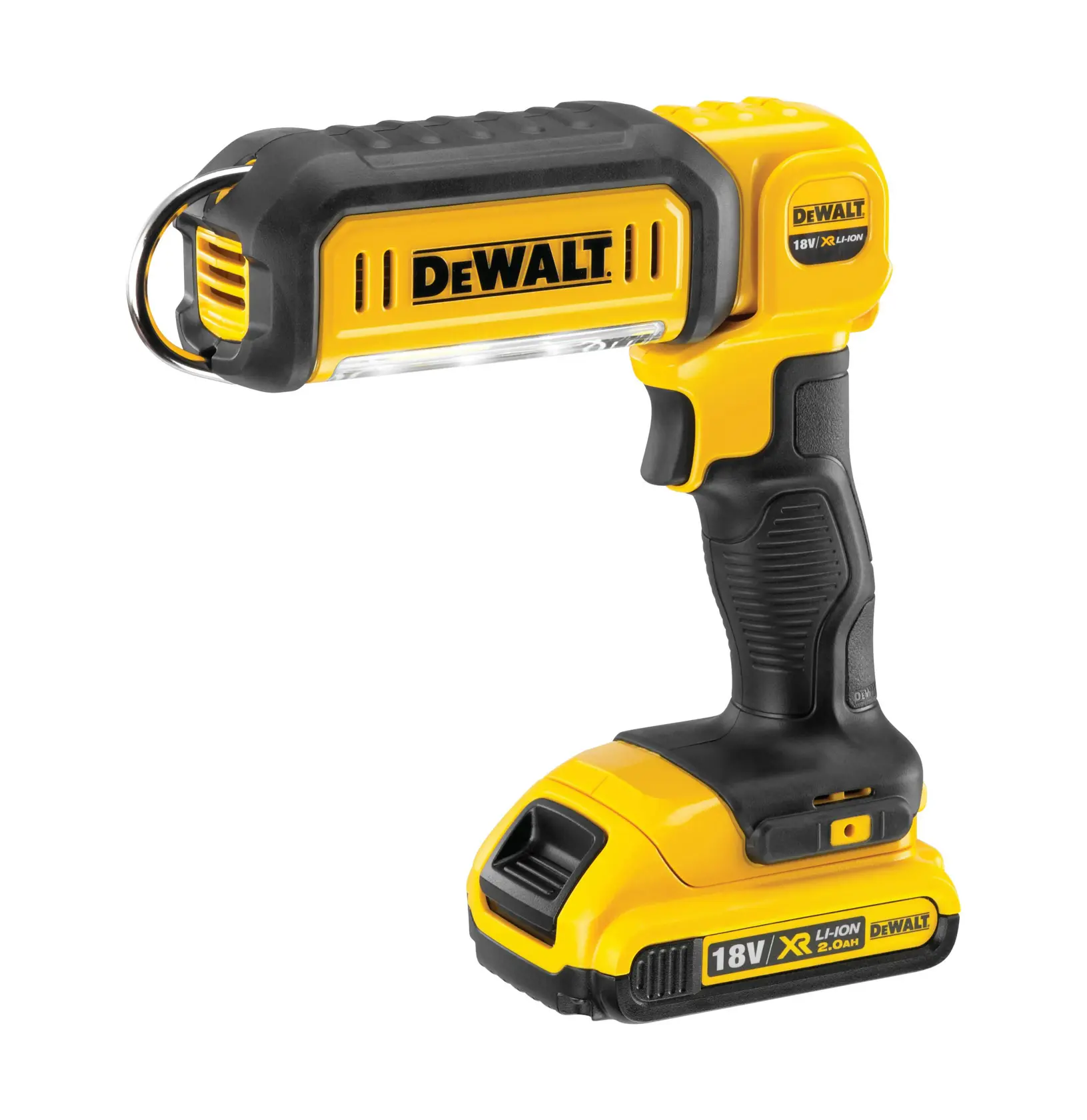 DEWALT DCL050 18V handheld work light with black-yellow design and ergonomic handle.