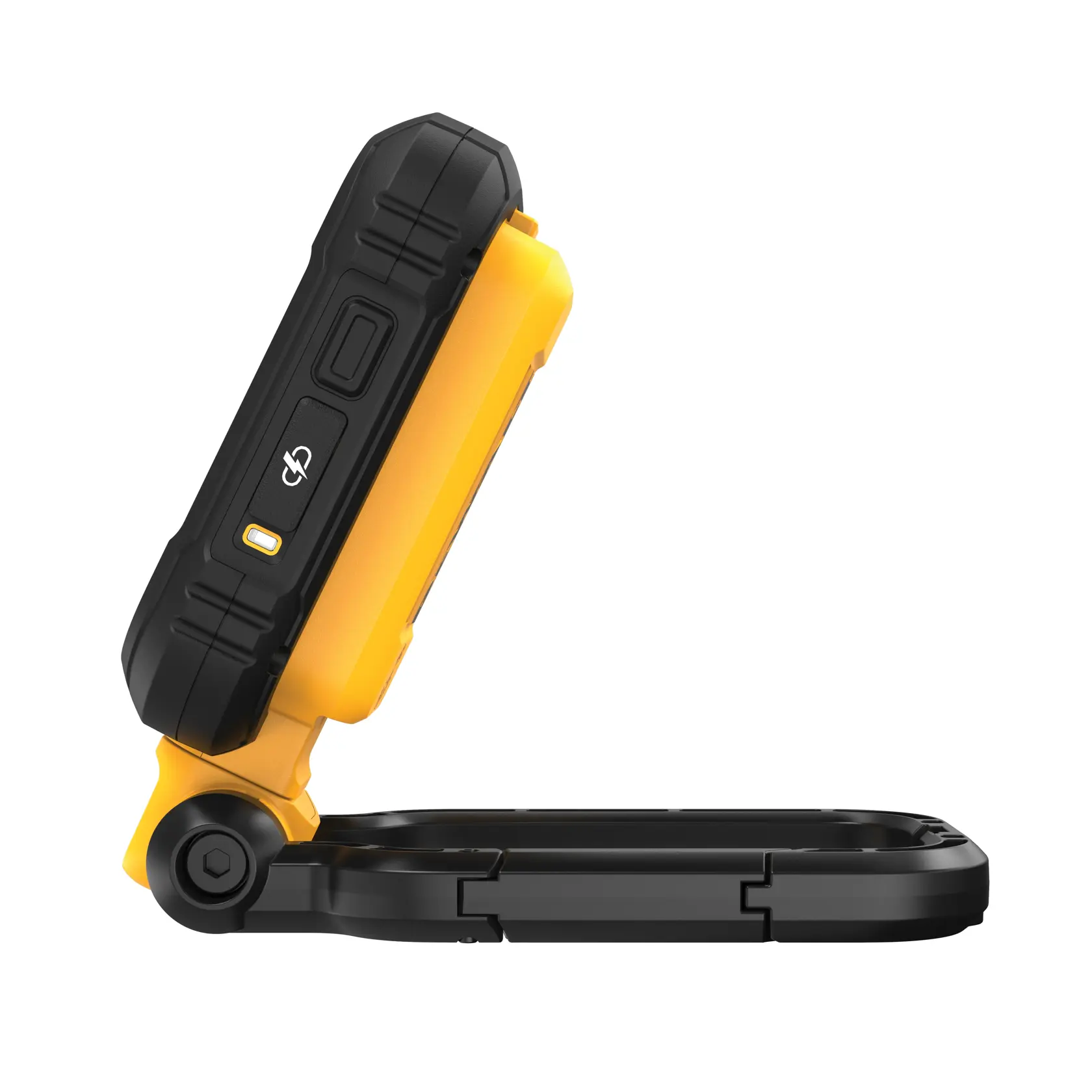 Side view of a DEWALT DCL182 portable work light with a foldable stand, featuring a yellow and black rugged exterior.