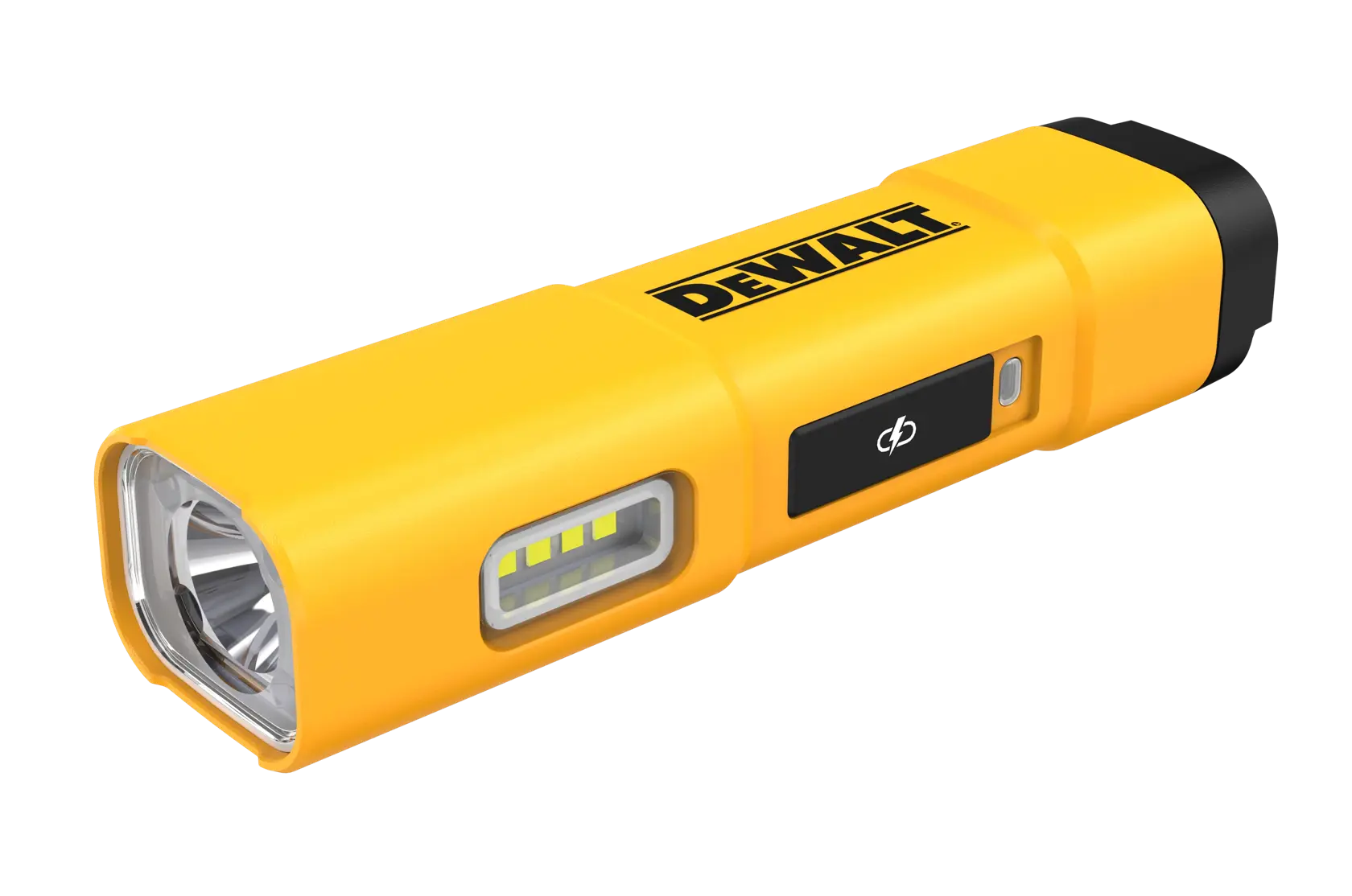 A yellow DEWALT DCL183 rechargeable LED flashlight with a rectangular body, side LED panel, and power button.