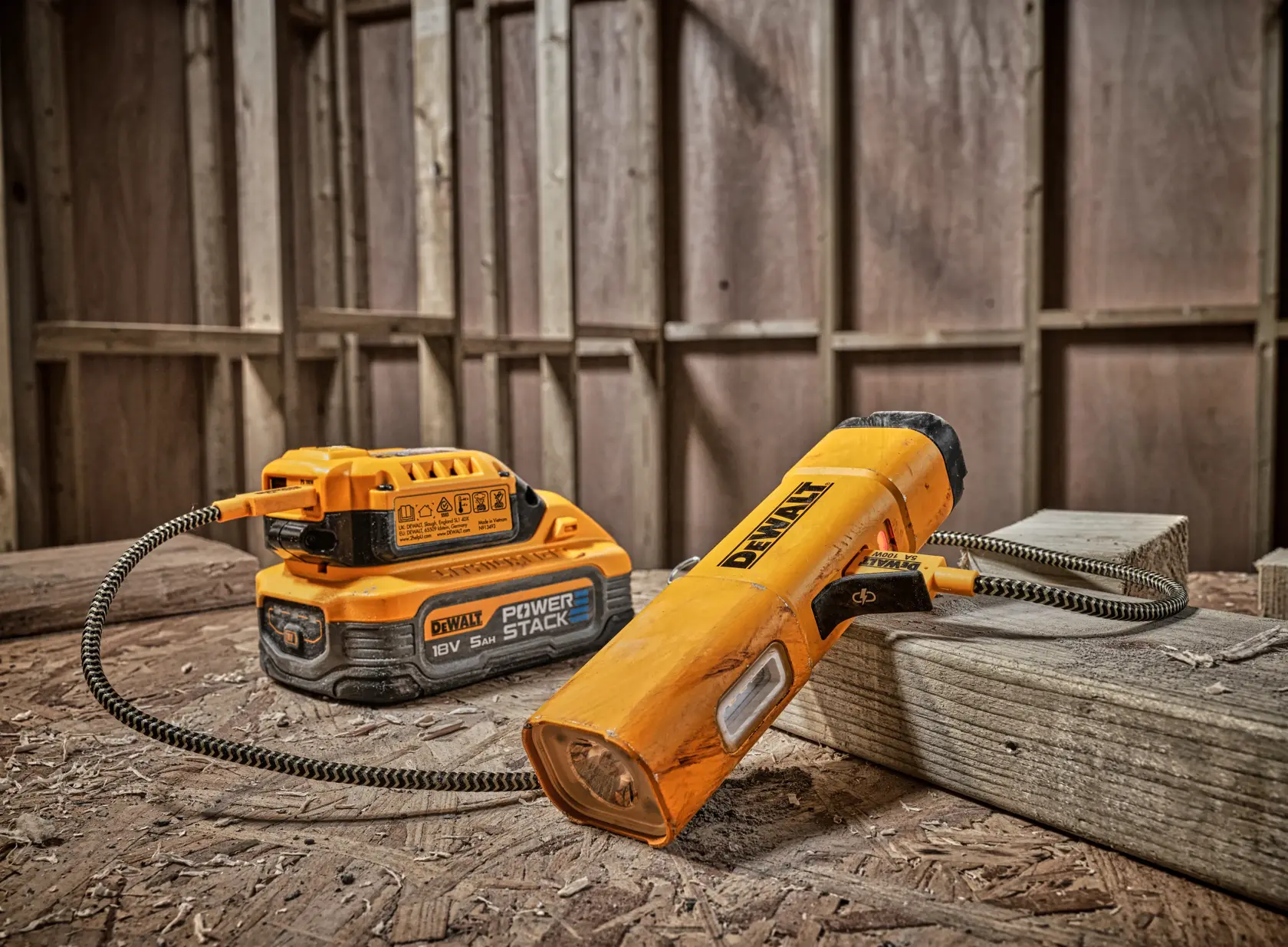 Lampe torche LED rechargeable DEWALT DCL183 jaune, de forme rectangulaire, dotée d'une rangée latérale de LED et d'un bouton d'alimentation.