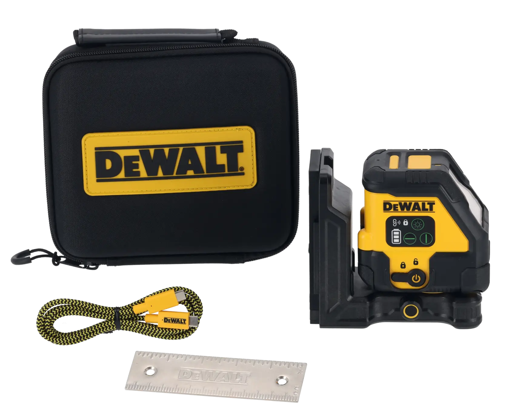 DEWALT laser level kit with case, cord, ruler, and yellow-black device for precise alignment tasks.