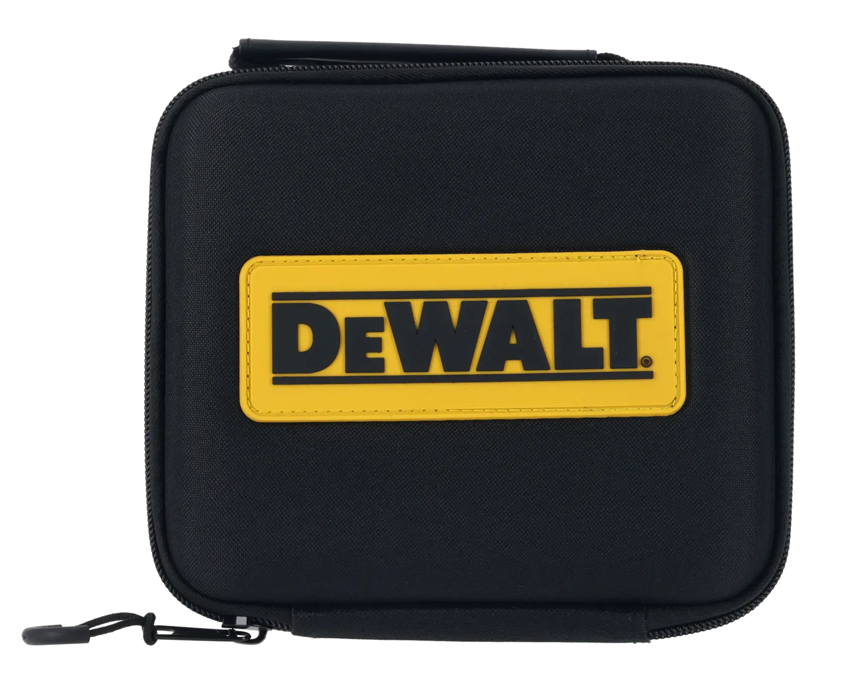 Black DEWALT carrying case with yellow logo, square shape, zip closure, used for photography accessories.