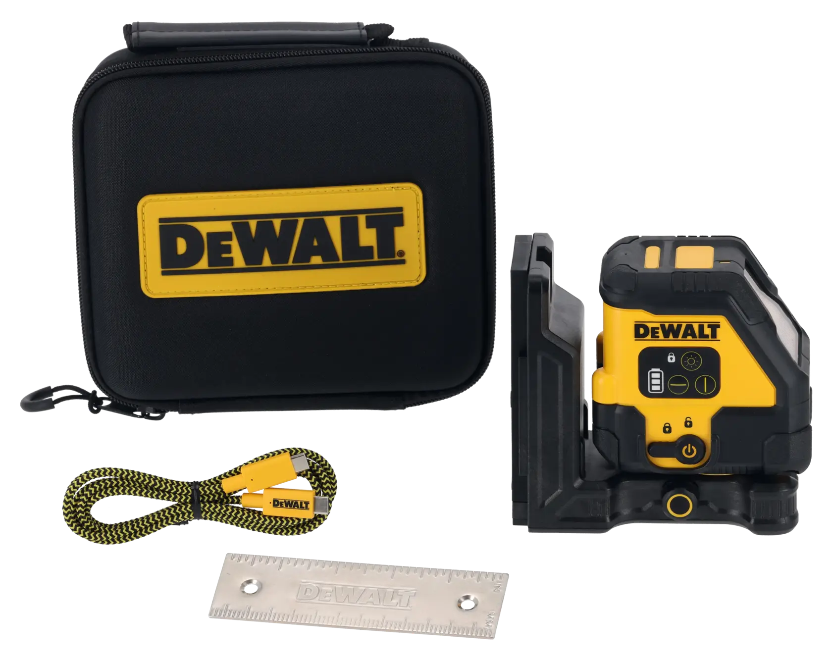 DEWALT laser level set with carrying case, ruler, cable, and tool unit, all shown together on a white background.