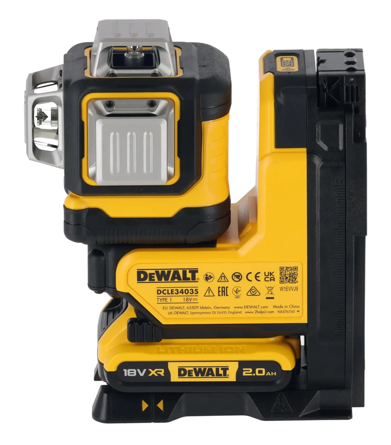 DEWALT DCLE34035D1 18V XR yellow and black battery-powered laser level for professional use.