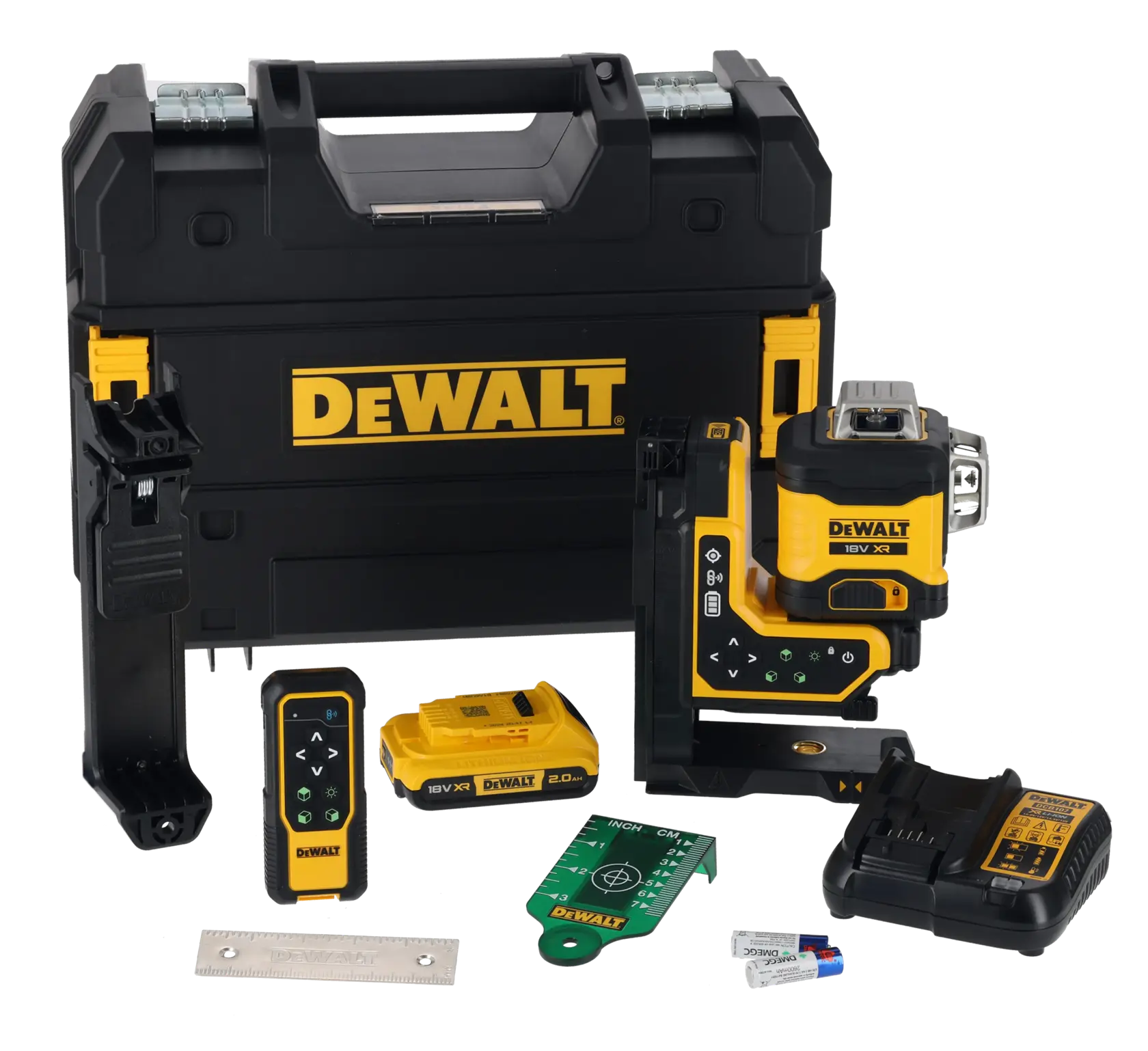 A DEWALT laser level kit including a black and yellow hard case, laser level device, battery, remote control, charger, ruler, target card, and two small batteries.