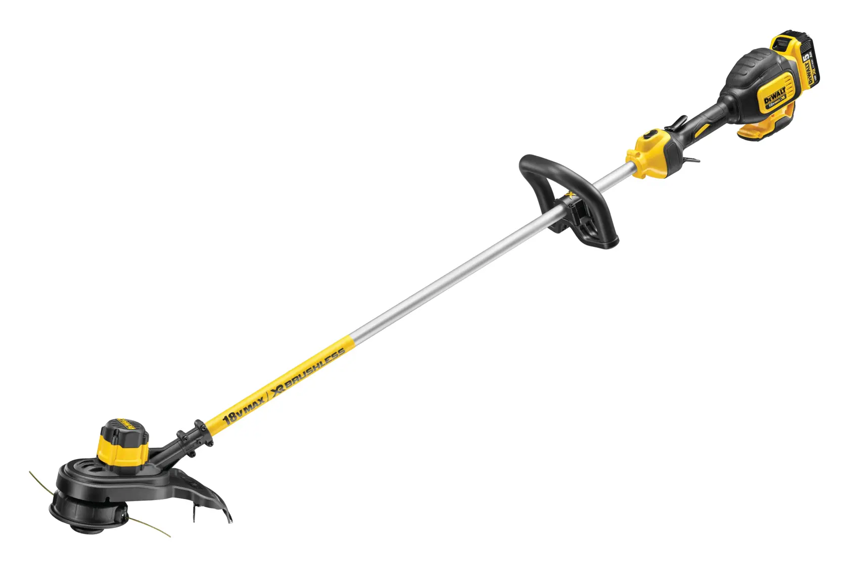 Cordless DEWALT grass trimmer with yellow and black design, battery attached to handle.