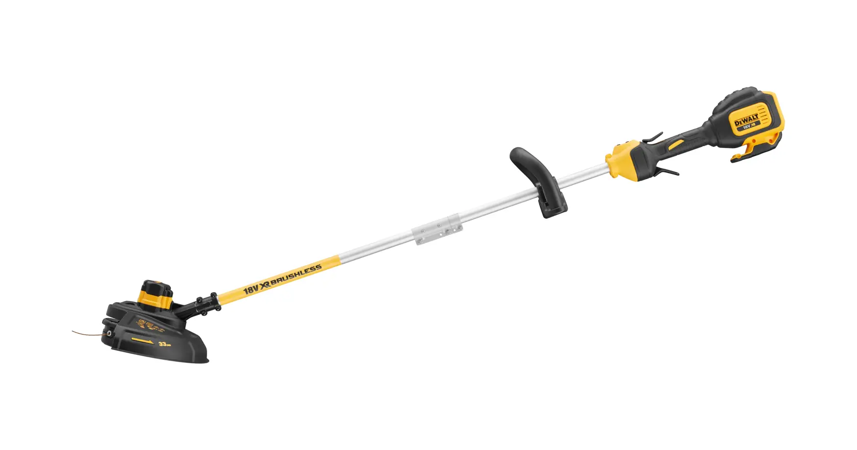 Cordless DEWALT string trimmer with yellow and black design and ergonomic handle.