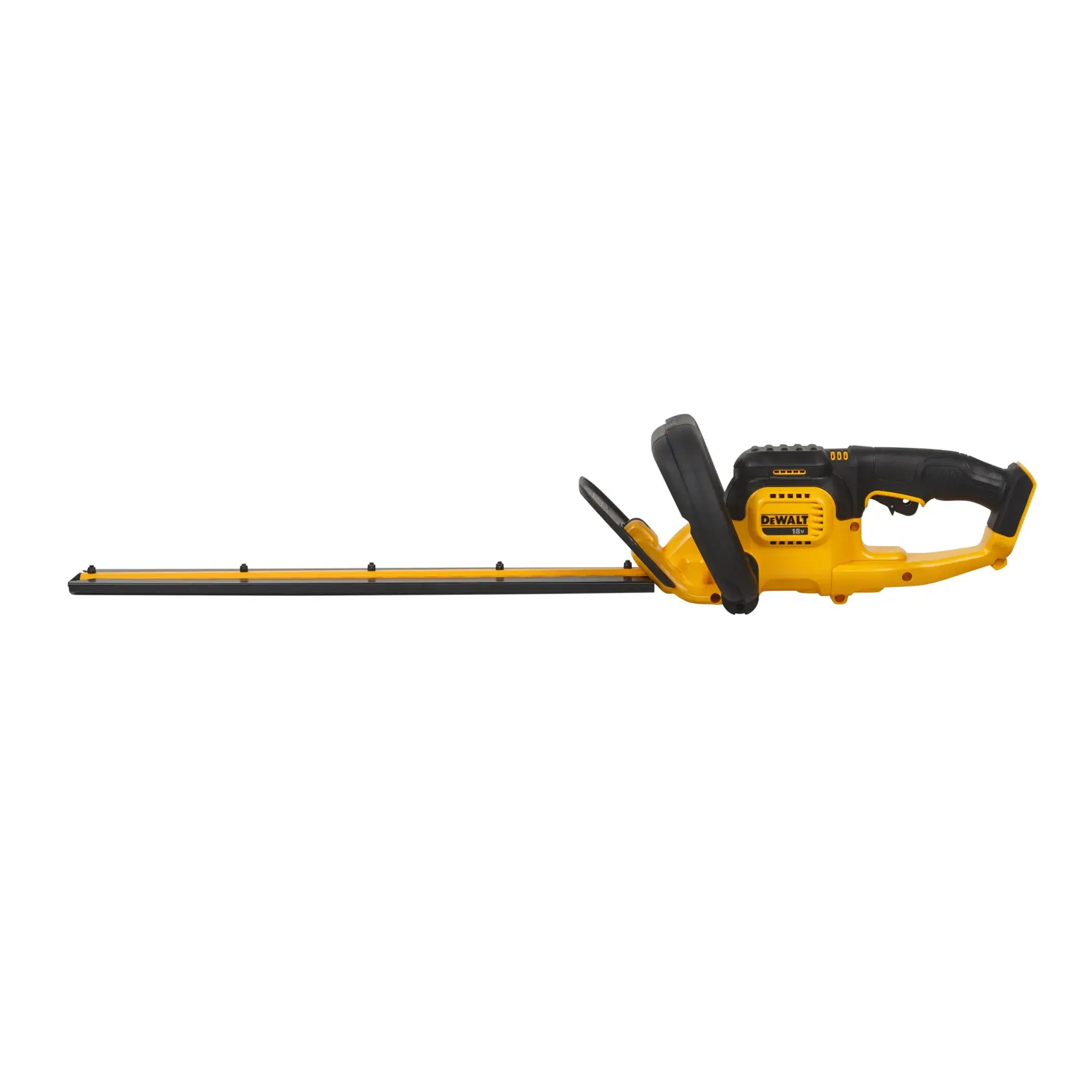 DEWALT cordless hedge trimmer with long blade and ergonomic handle, shown in yellow and black color.