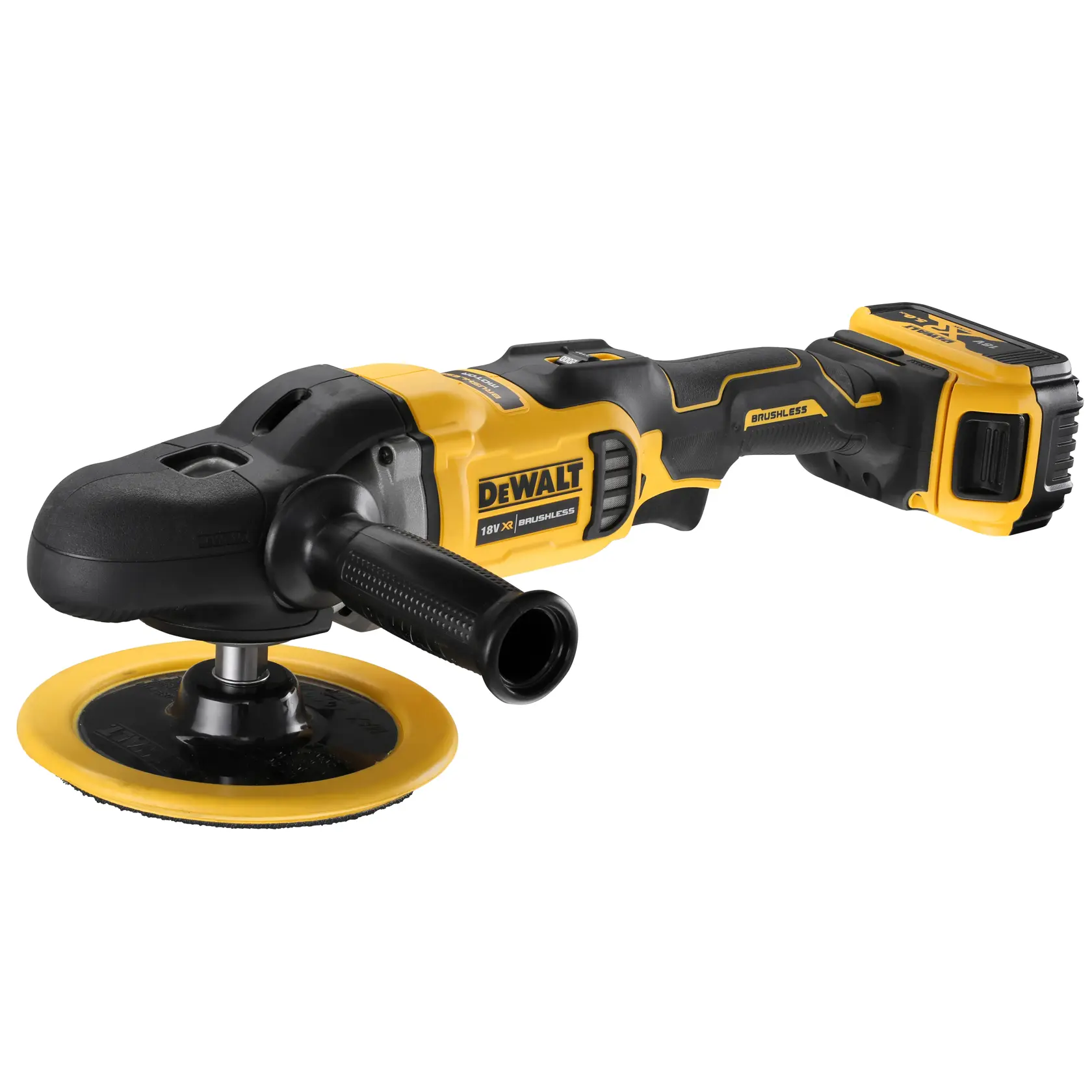 DEWALT cordless polisher with brushless motor, yellow and black, 18V, shown with battery attached.