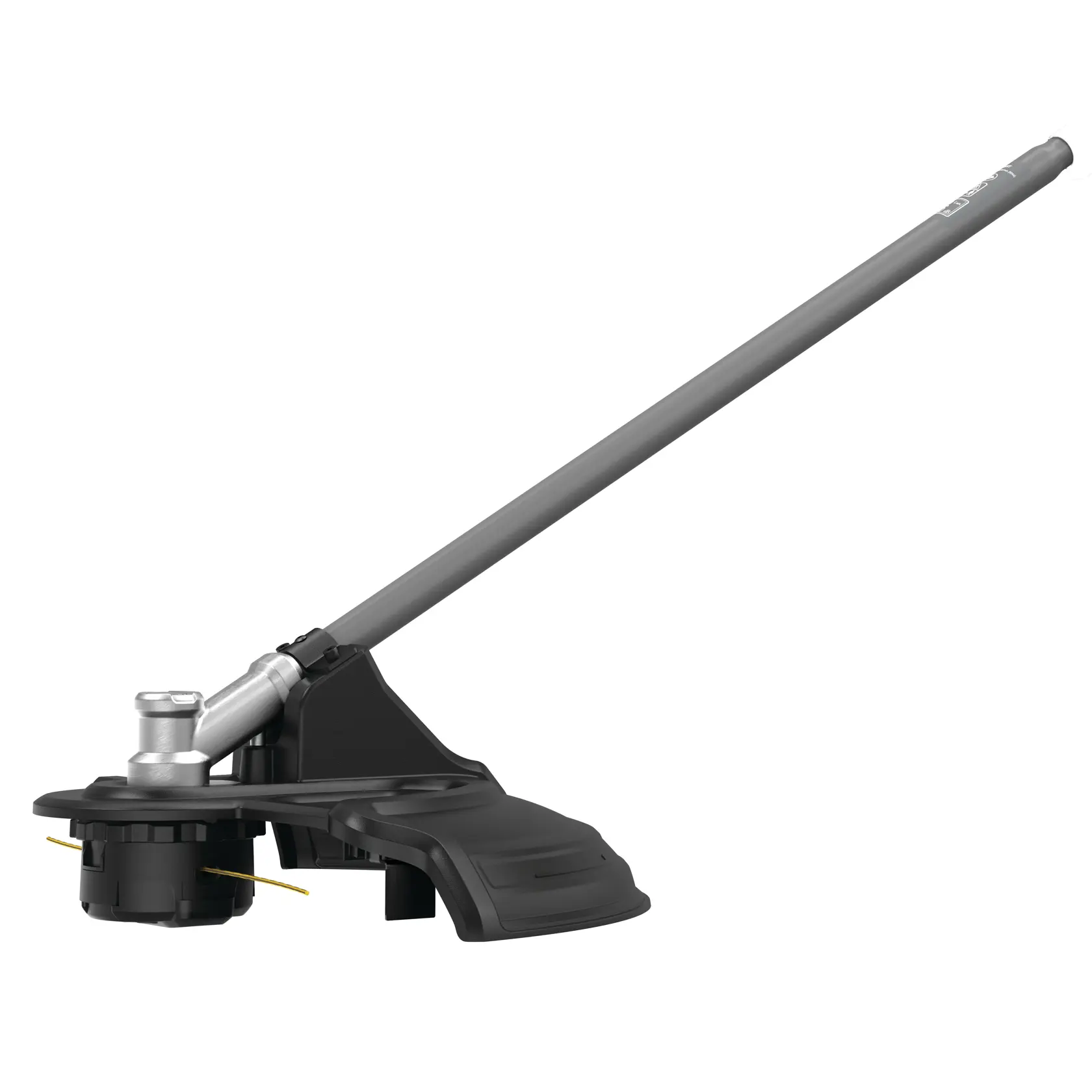 A DEWALT string trimmer attachment with a gray shaft and black cutting head, designed for lawn and garden maintenance.