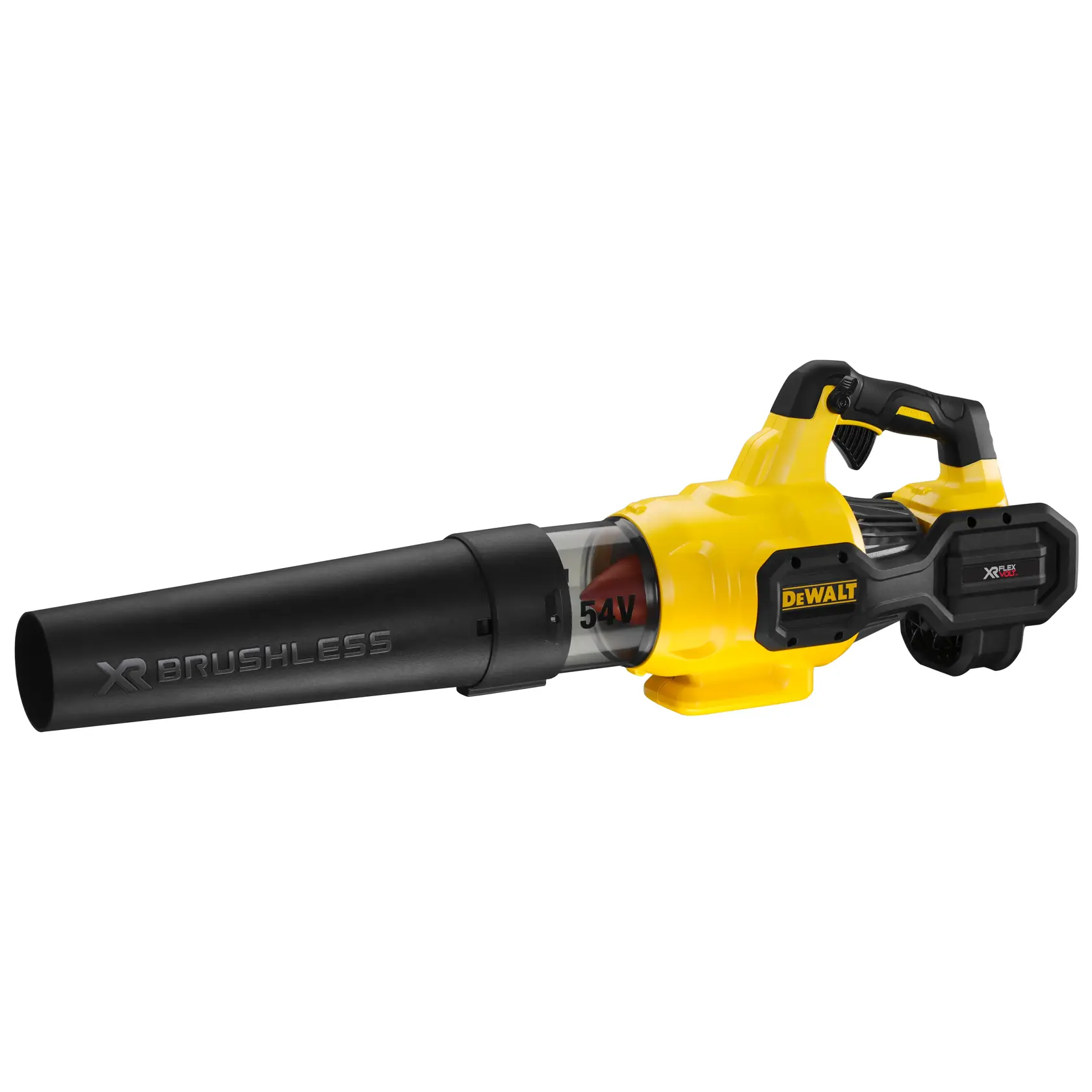 Yellow and black cordless DEWALT leaf blower with XR Brushless, 54V battery, ergonomic handle, side view.
