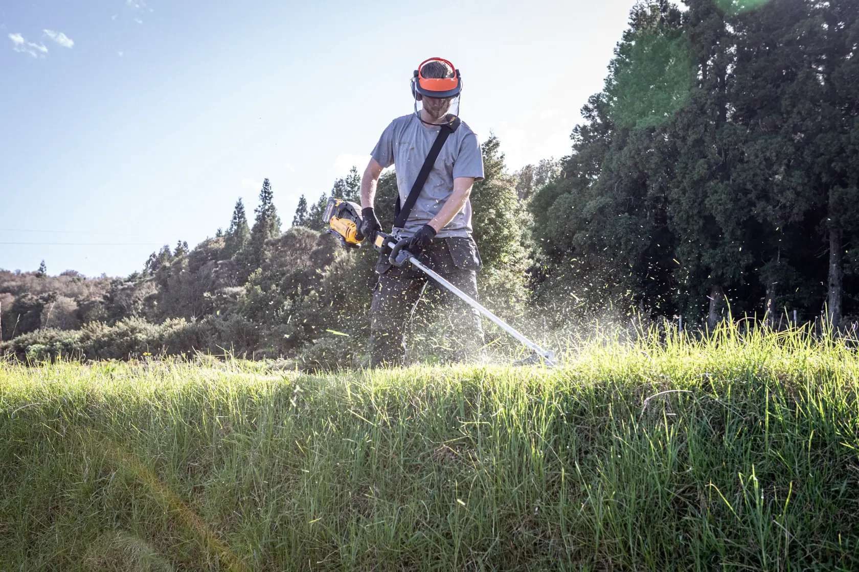 Person trimmt Gras mit DEWALT, SKUs DCMBC812N-XJ, DCMBC812N. Landschaft und Schutzausrüstung sichtbar.