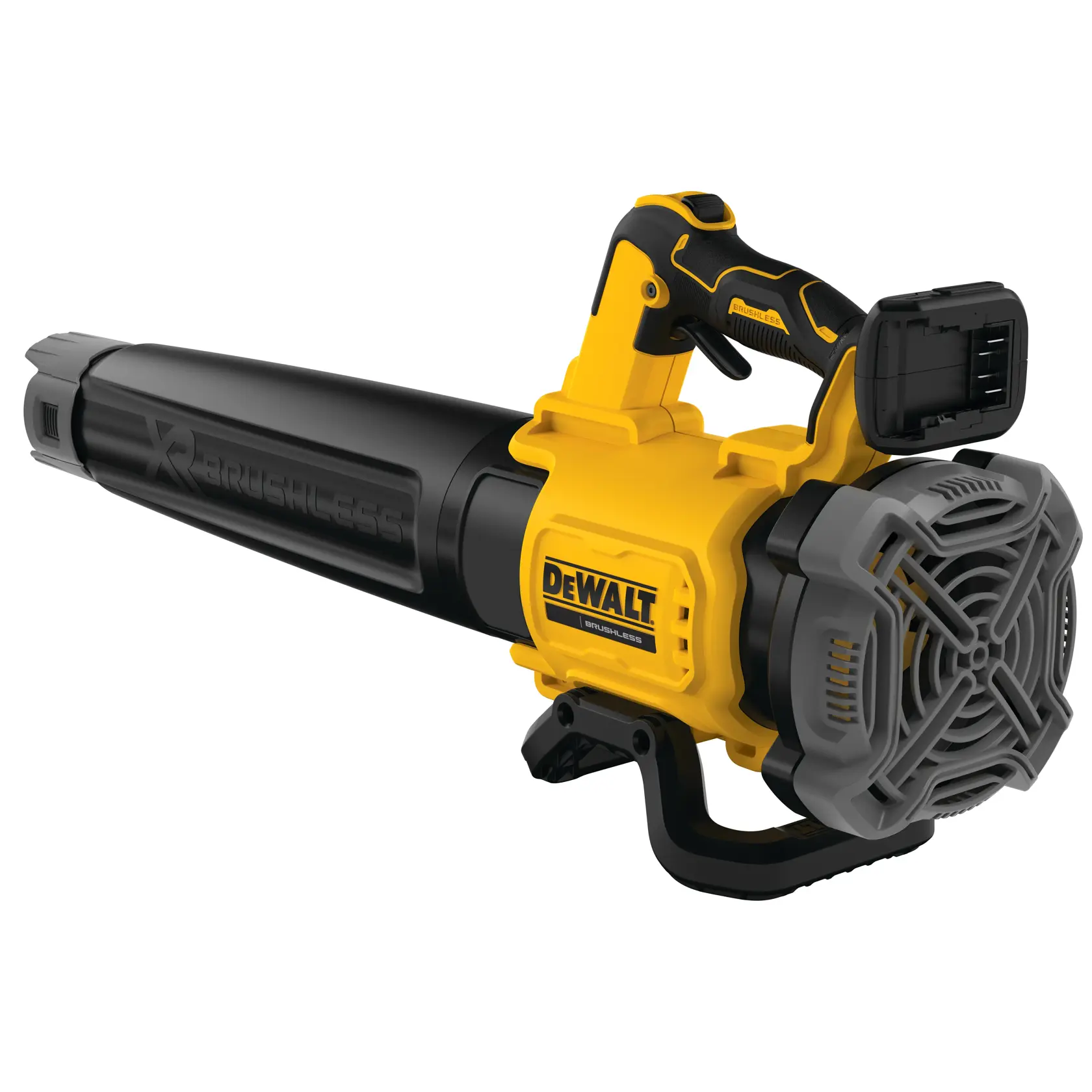 DEWALT cordless leaf blower, yellow and black, brushless model DCMBL562N shown on a white background.