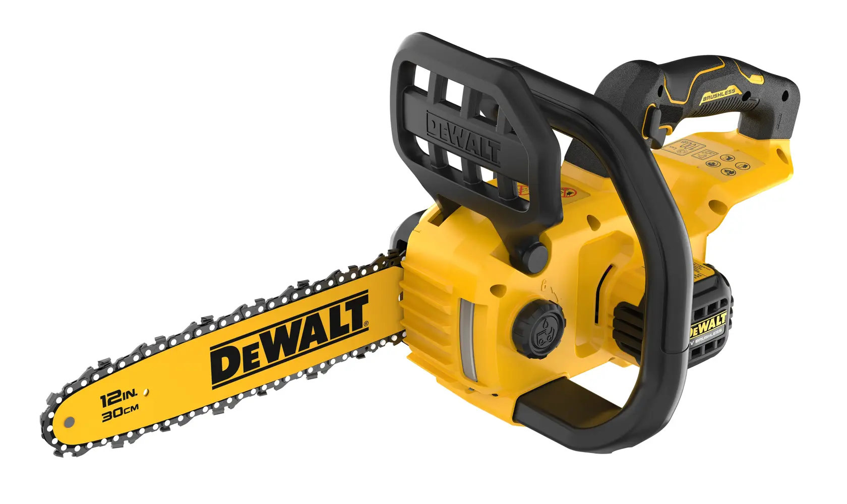 DEWALT Kettensäge DCMCS565N, DCMCS565N-XJ abgebildet. Gelb-schwarz, 12-Zoll Schiene. Fotografie Kategorie.