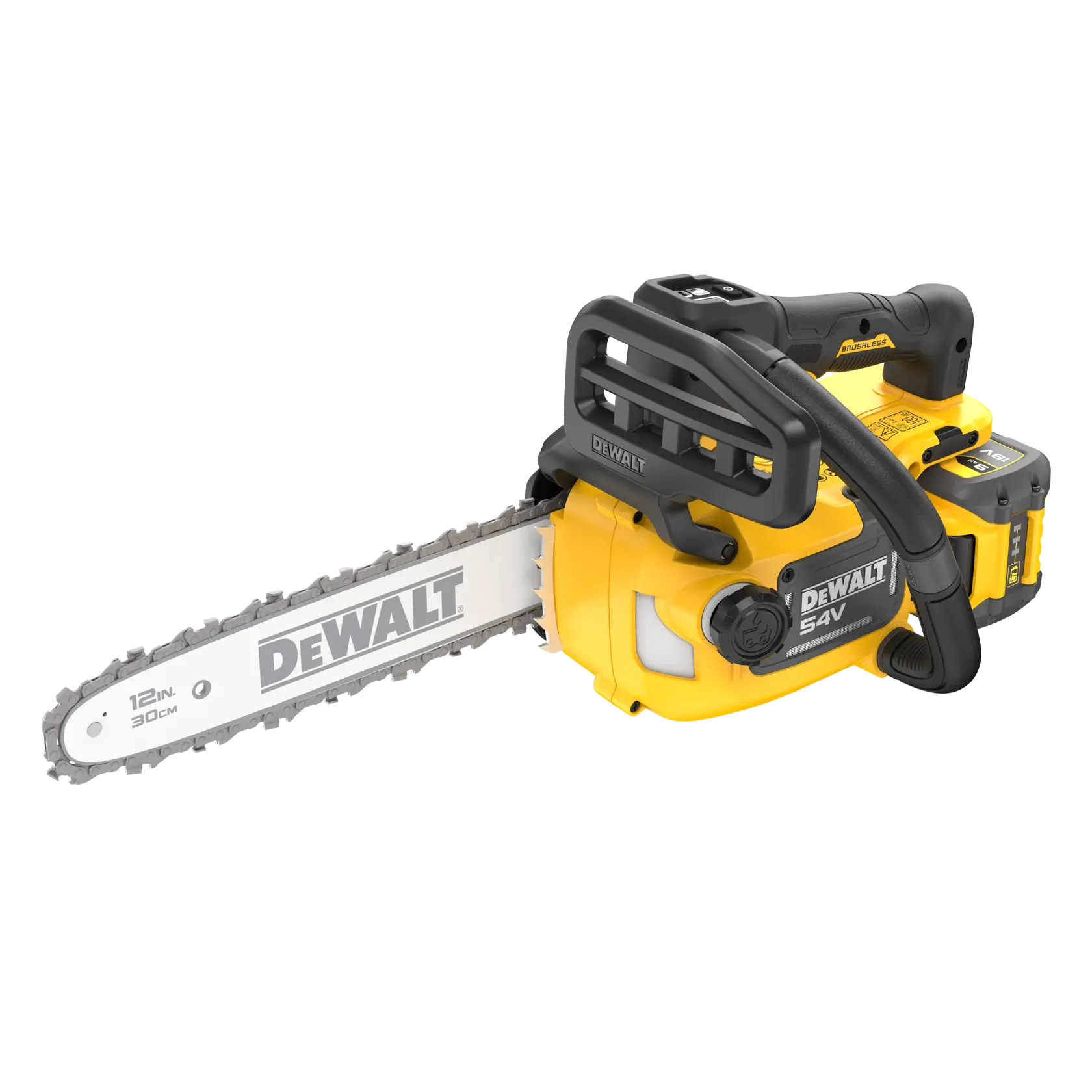 DEWALT chainsaw, 54V, 30cm bar. SKUs: DCMCST632X1-XE, DCMCST632X1, DCMCST632X1-QW. Photography category.