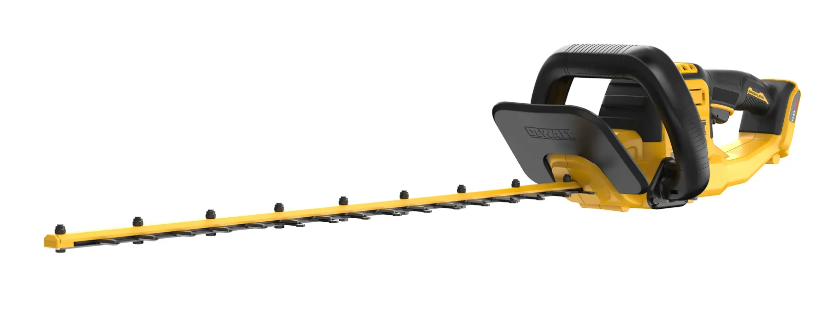 Cordless DEWALT hedge trimmer with long blade and ergonomic handle, shown on white background.