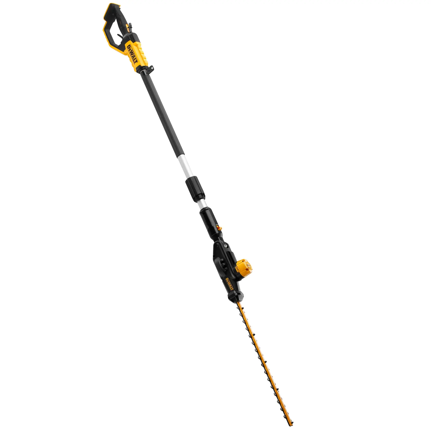 DEWALT cordless pole hedge trimmer with adjustable blade, designed for extended reach and easy trimming.