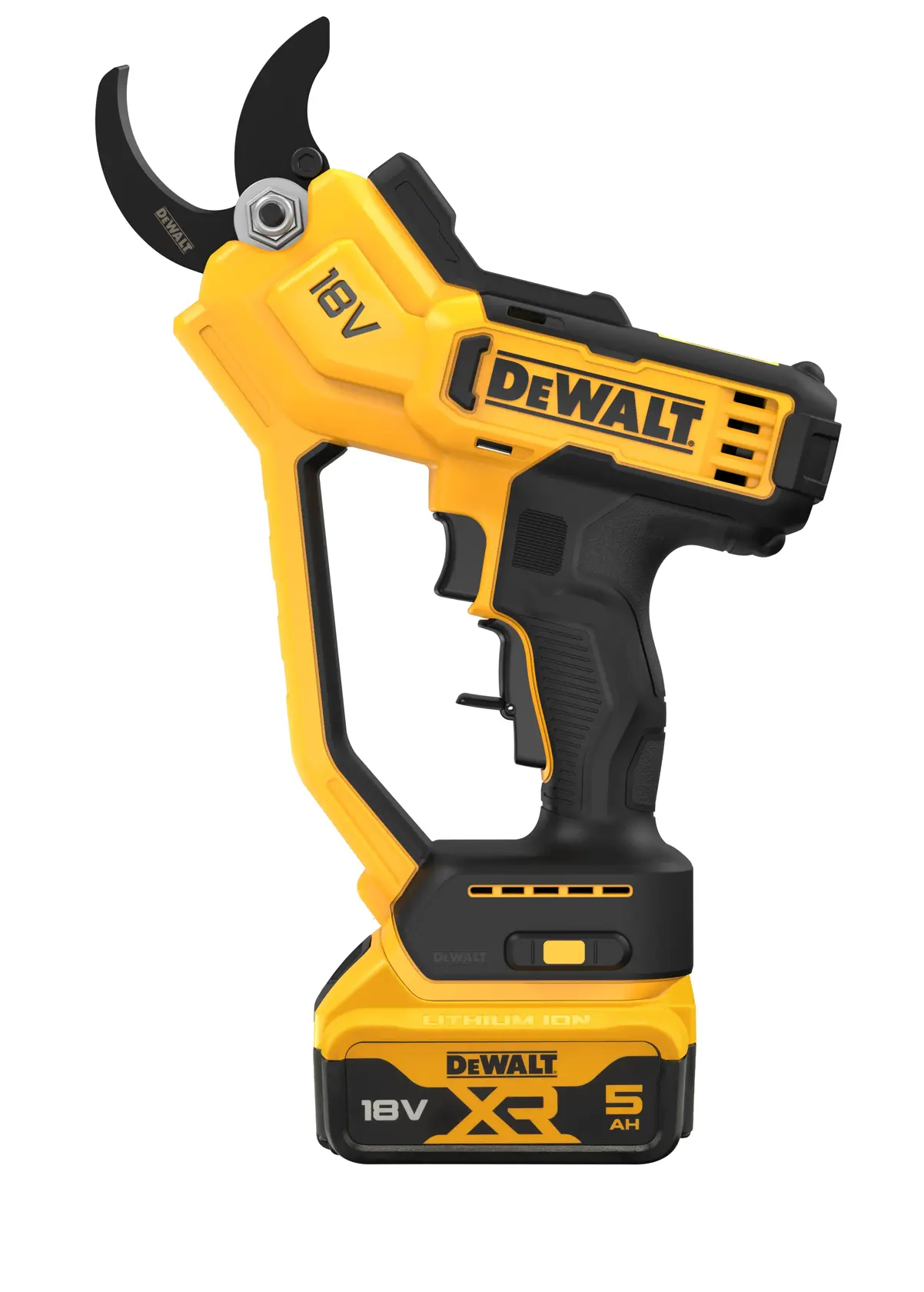 DEWALT 18V XR cordless electric pruner with black and yellow design and 5Ah lithium-ion battery.