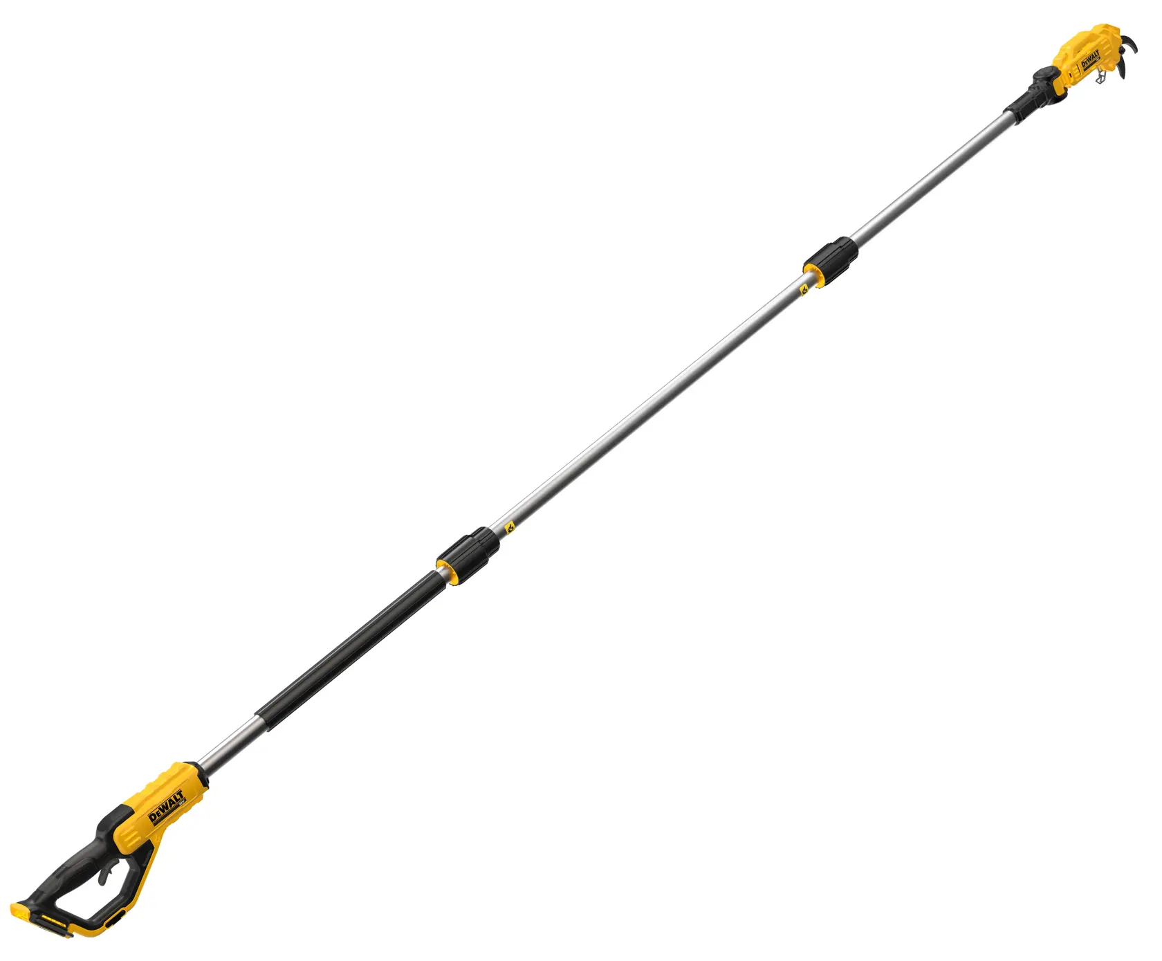 Long cordless pole saw tool with yellow and black handle and silver telescopic shaft on white background.