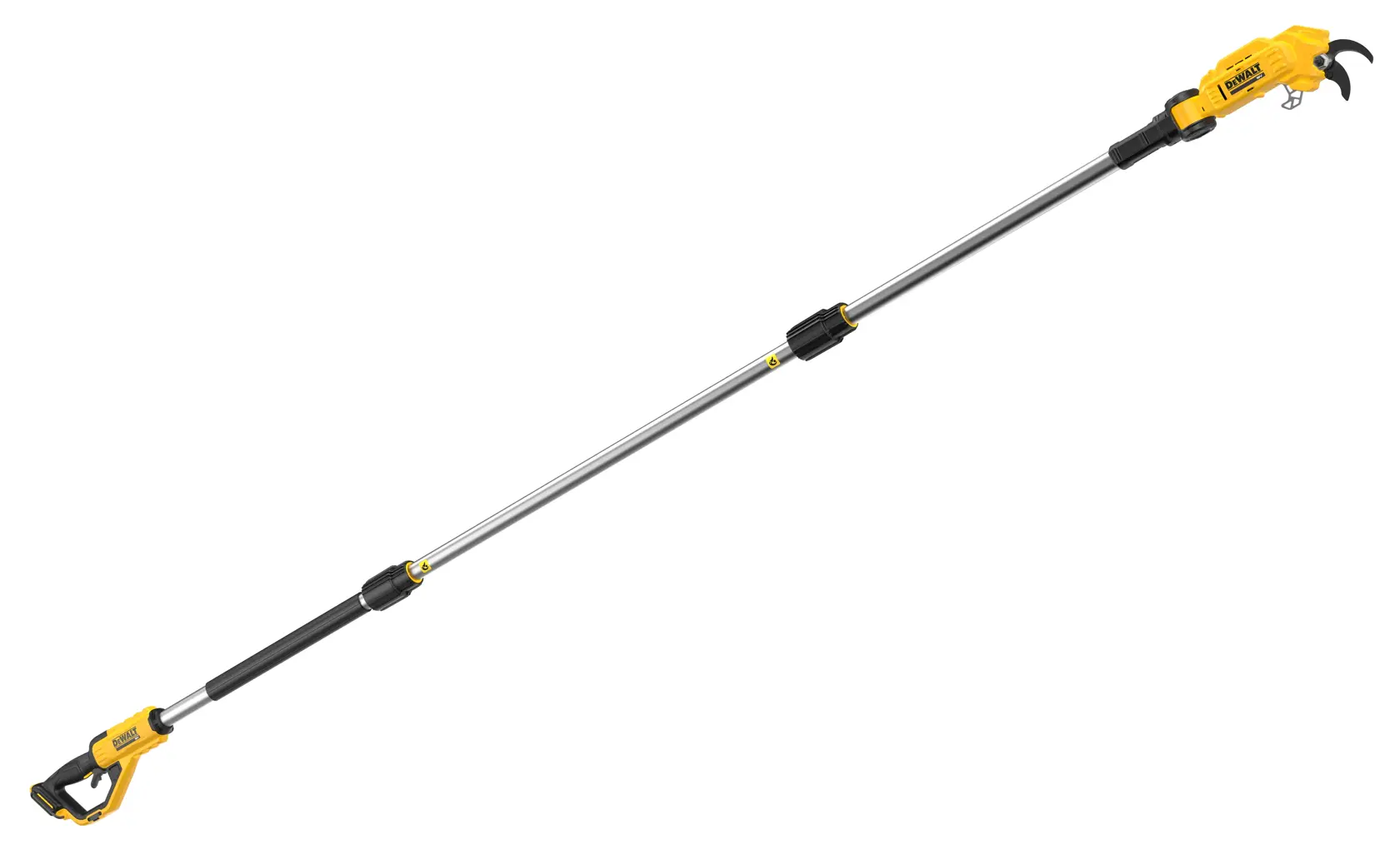 Kabellose DEWALT Teleskop-Astschere mit gelbem Griff für das Schneiden von Bäumen.