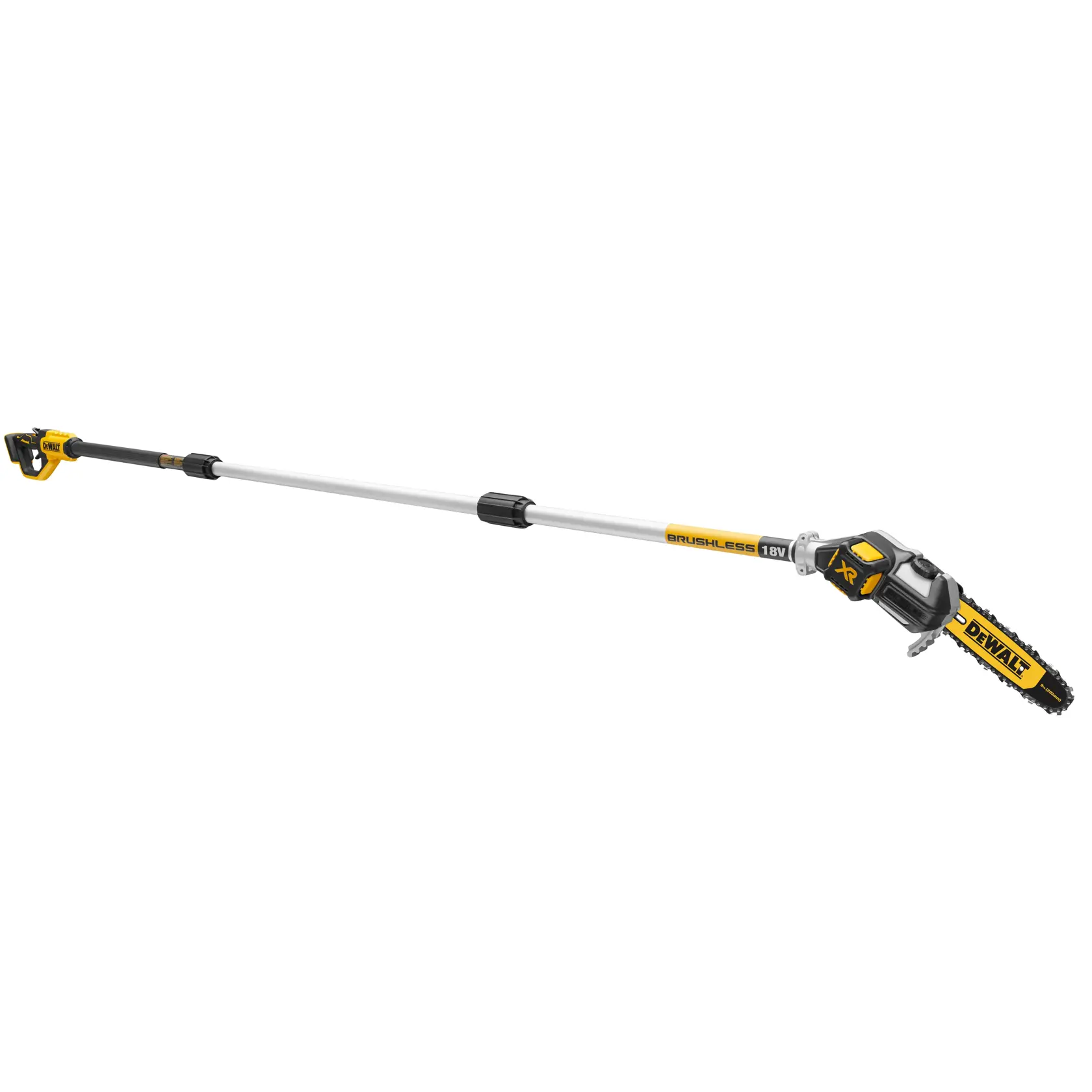 DEWALT cordless pole saw with yellow and black design, telescopic handle, used for tree trimming or pruning.