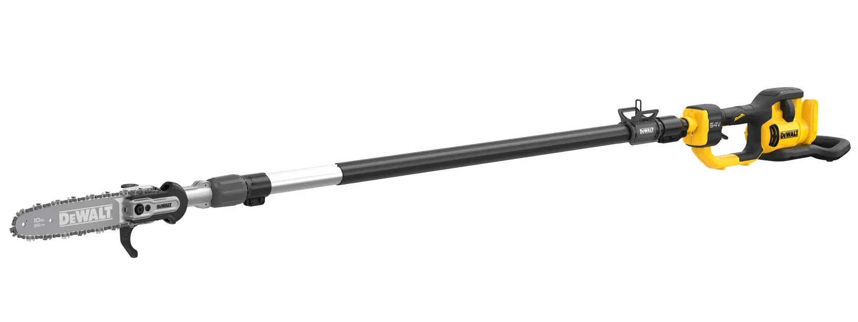 DEWALT cordless pole saw with long handle and chainsaw blade for high branch cutting.