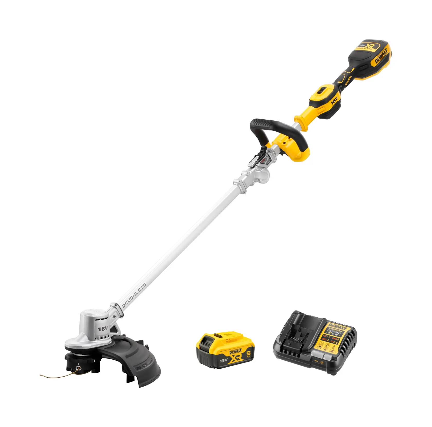 DEWALT cordless string trimmer with battery and charger, shown in yellow and black.