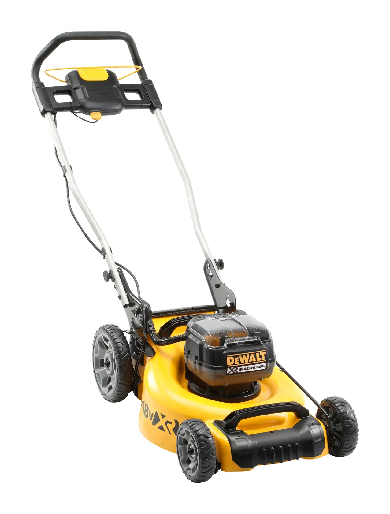 DEWALT yellow cordless lawn mower with black handle, wheels, and visible battery on white background.