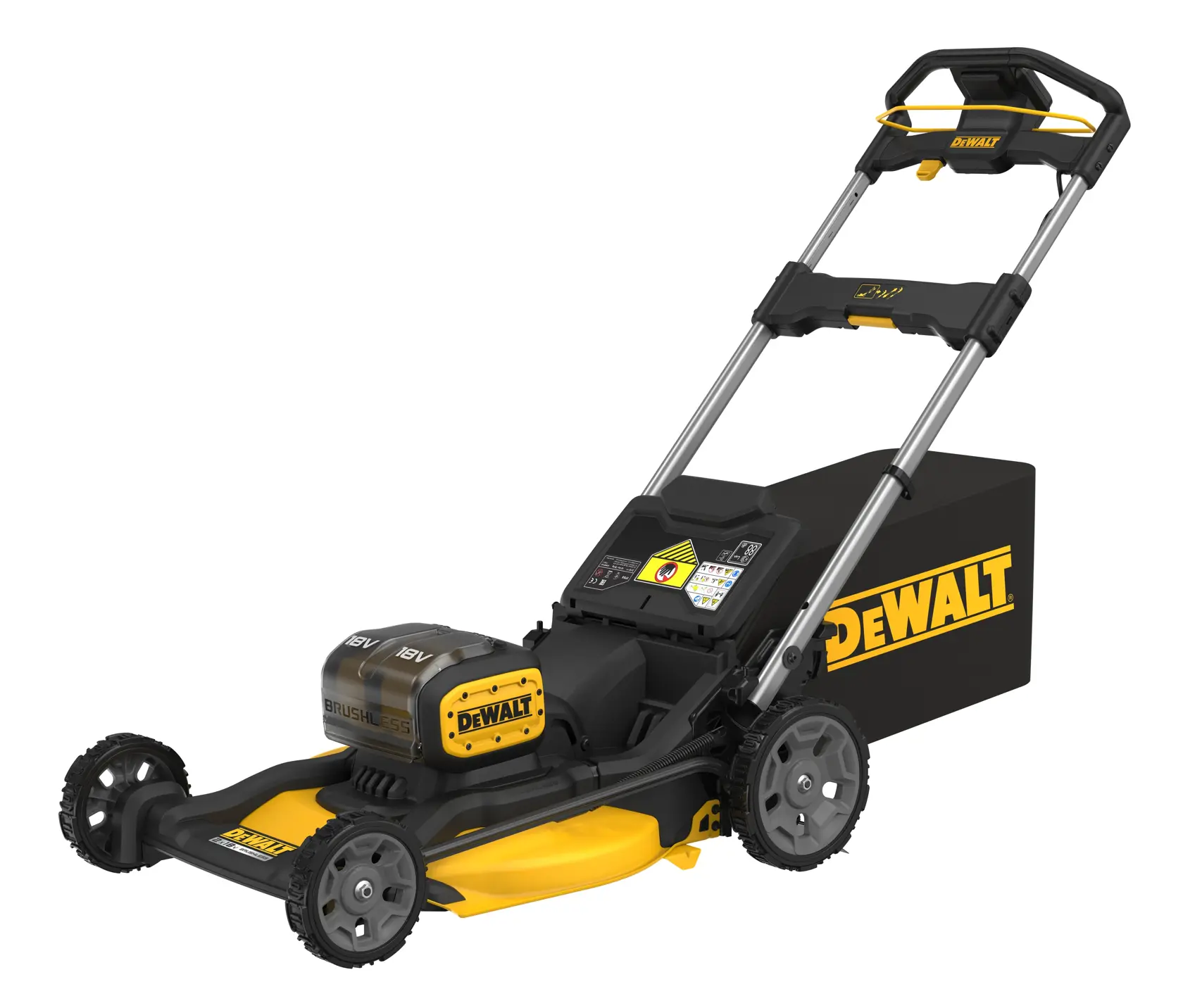DEWALT cordless lawn mower with a black and yellow design, large wheels, and rear grass collection box.