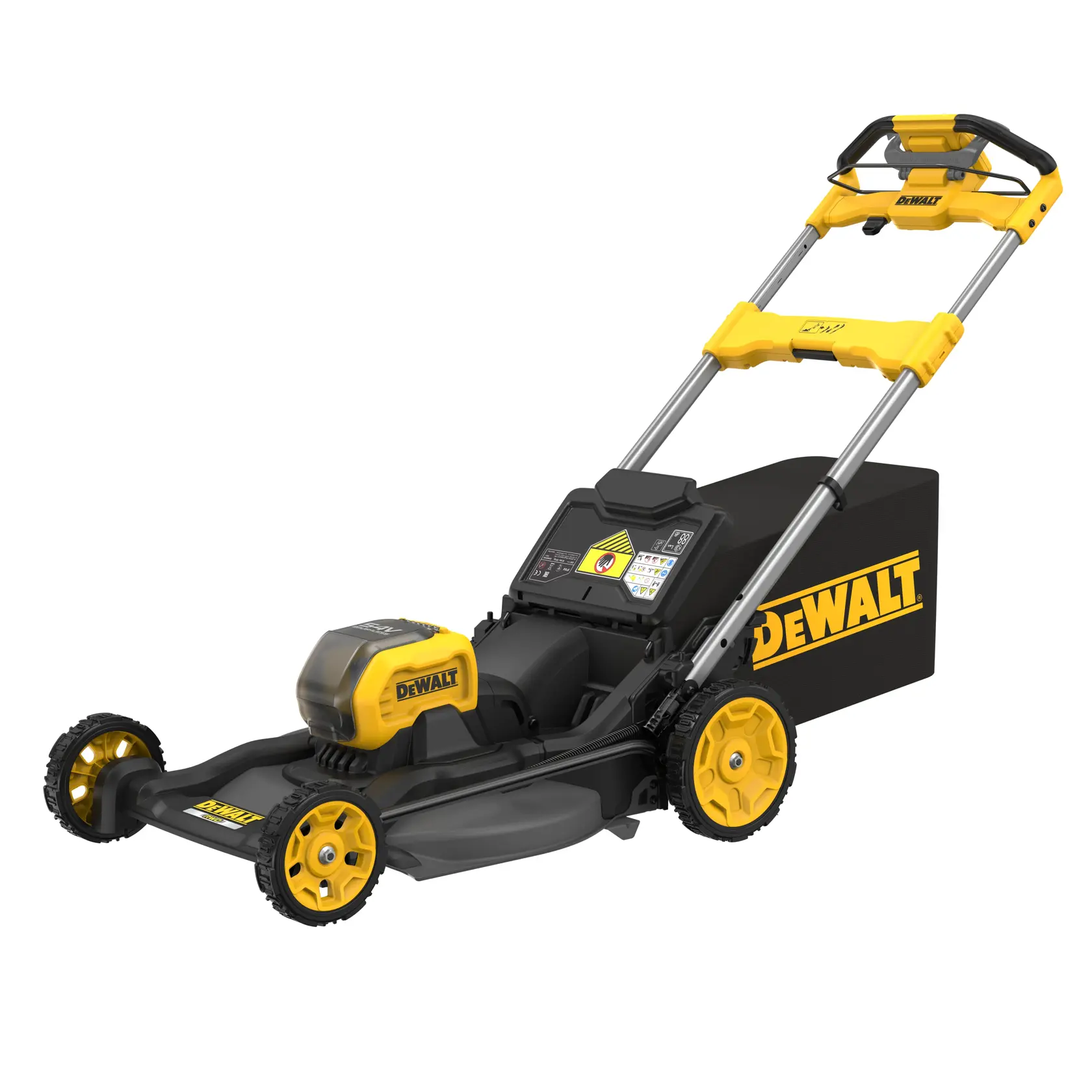Cortacésped inalámbrico DEWALT con cuerpo amarillo y negro, mango ajustable y bolsa de césped.