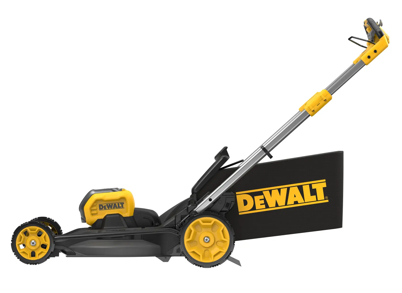 Cortacésped DEWALT inalámbrico amarillo y negro con bolsa recolectora de césped, vista lateral.