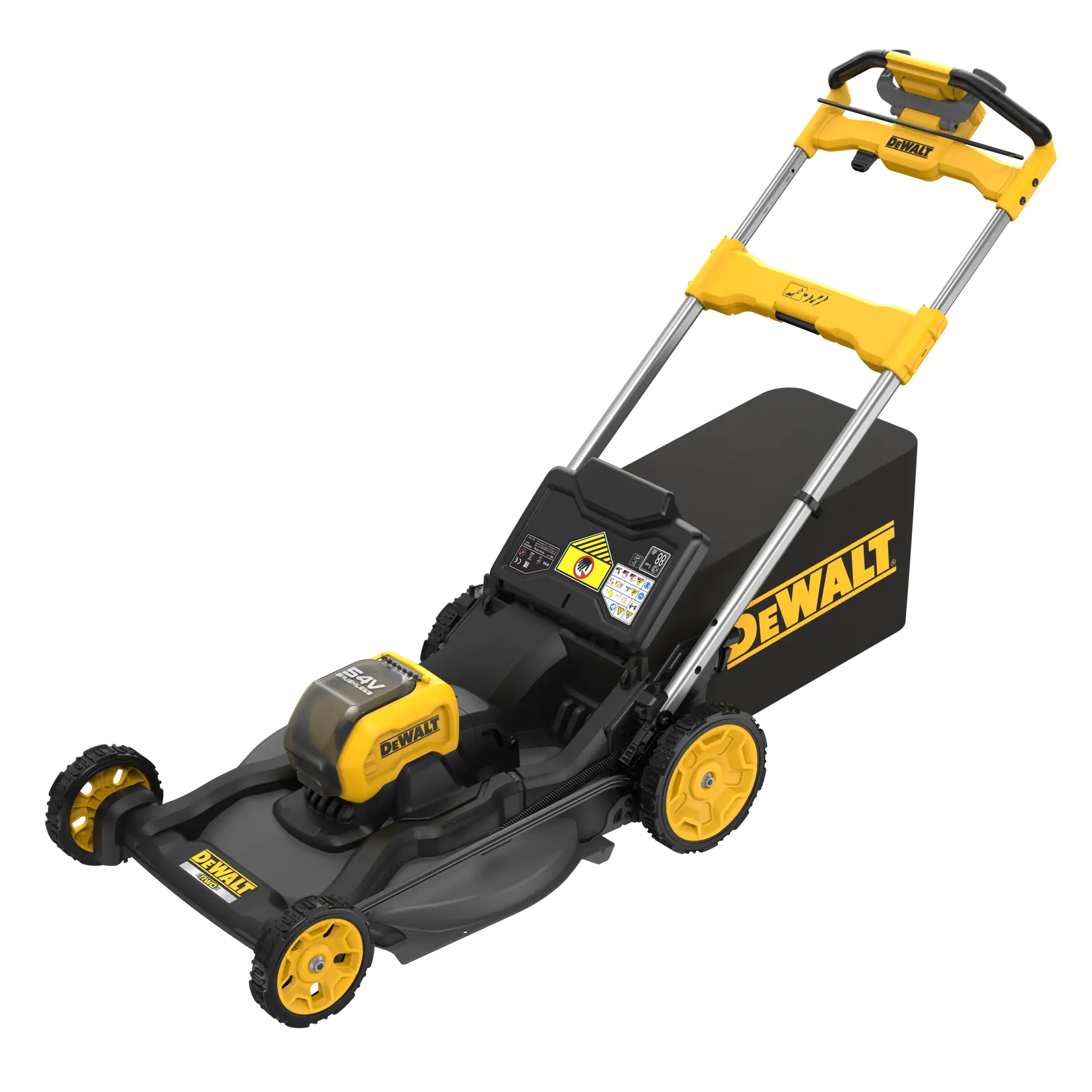 Cortacésped eléctrico inalámbrico DEWALT amarillo y negro con bolsa para césped.