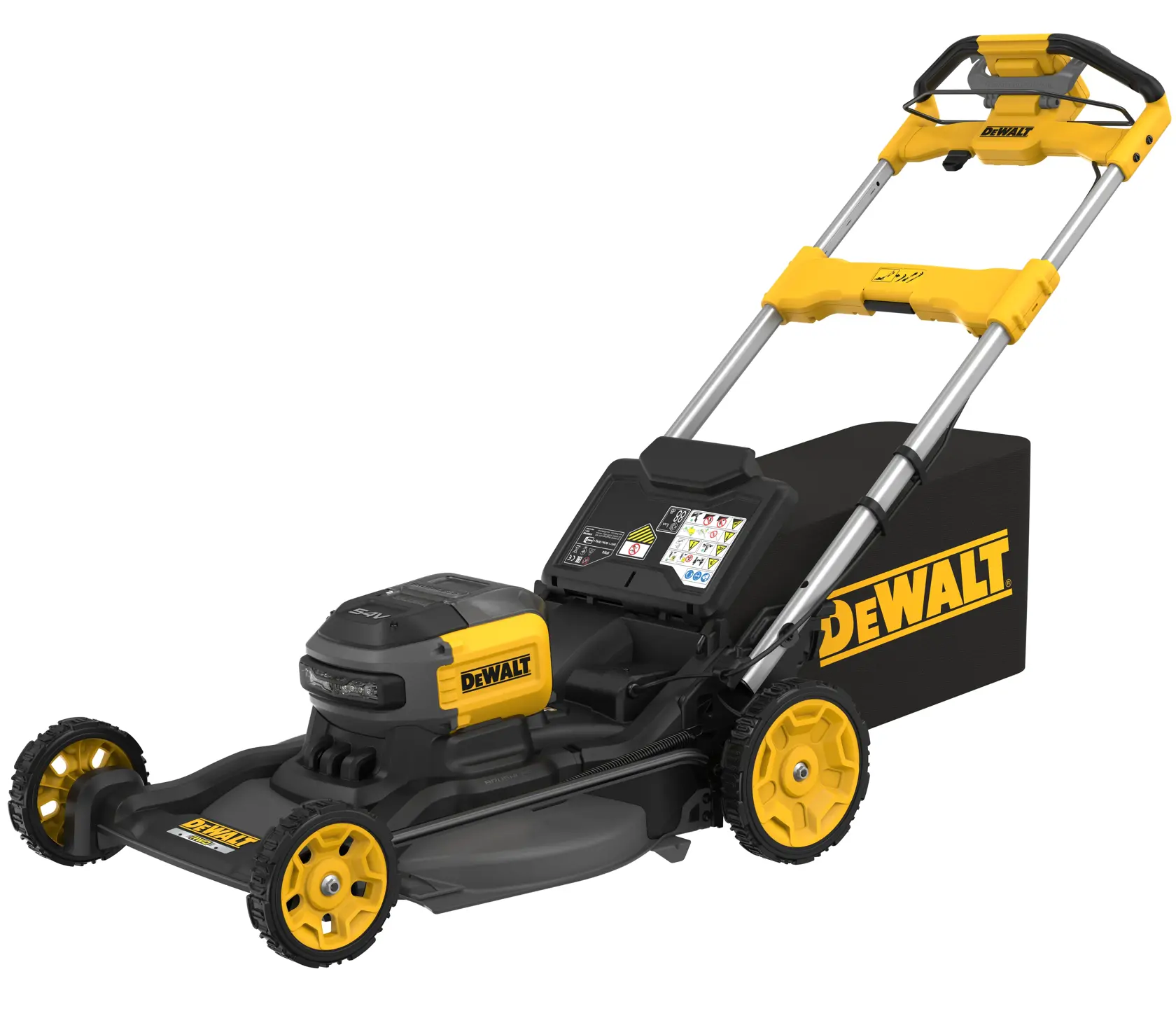 DEWALT cordless lawn mower with yellow and black design and grass collection bag.