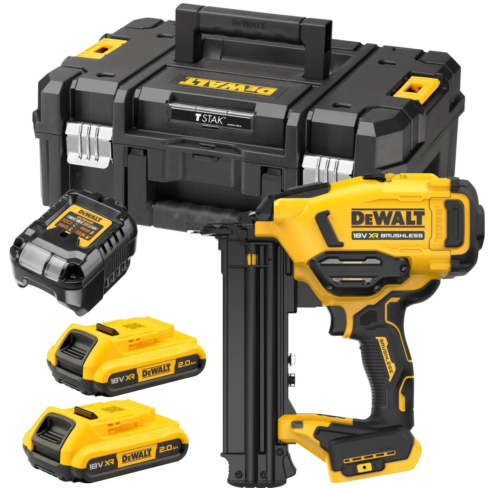 DEWALT 18V XR brushless nailer kit with two batteries, charger, and TSTAK storage case shown.