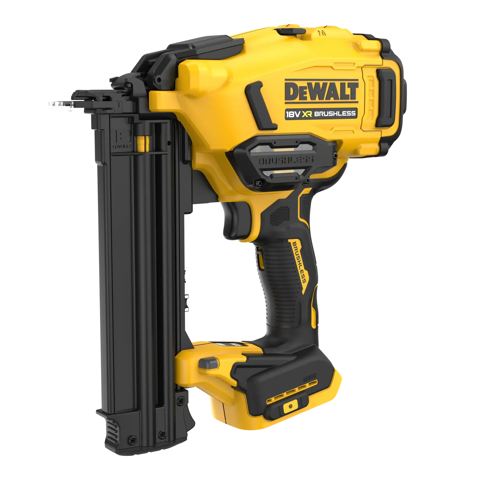 DEWALT 18V XR brushless cordless nail gun in yellow and black.