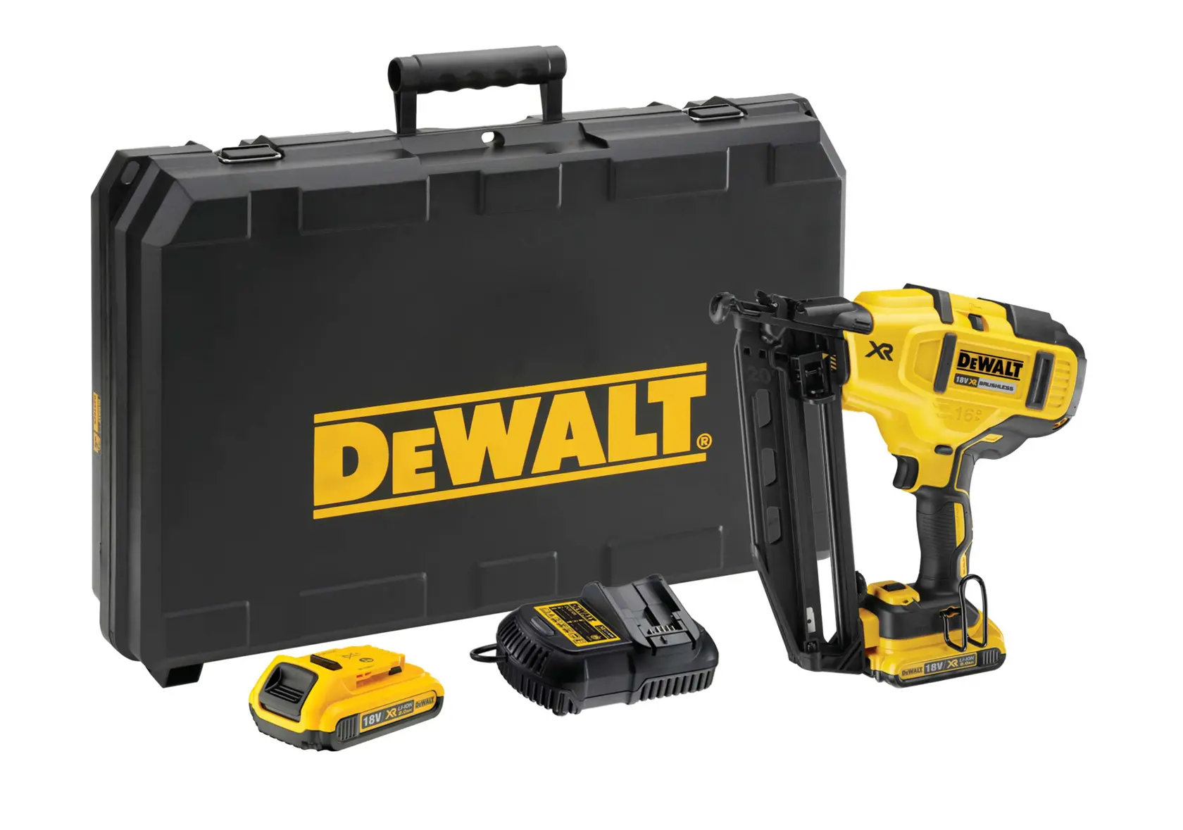 DEWALT cordless nailer set with case, battery, charger, and tool shown on white background.