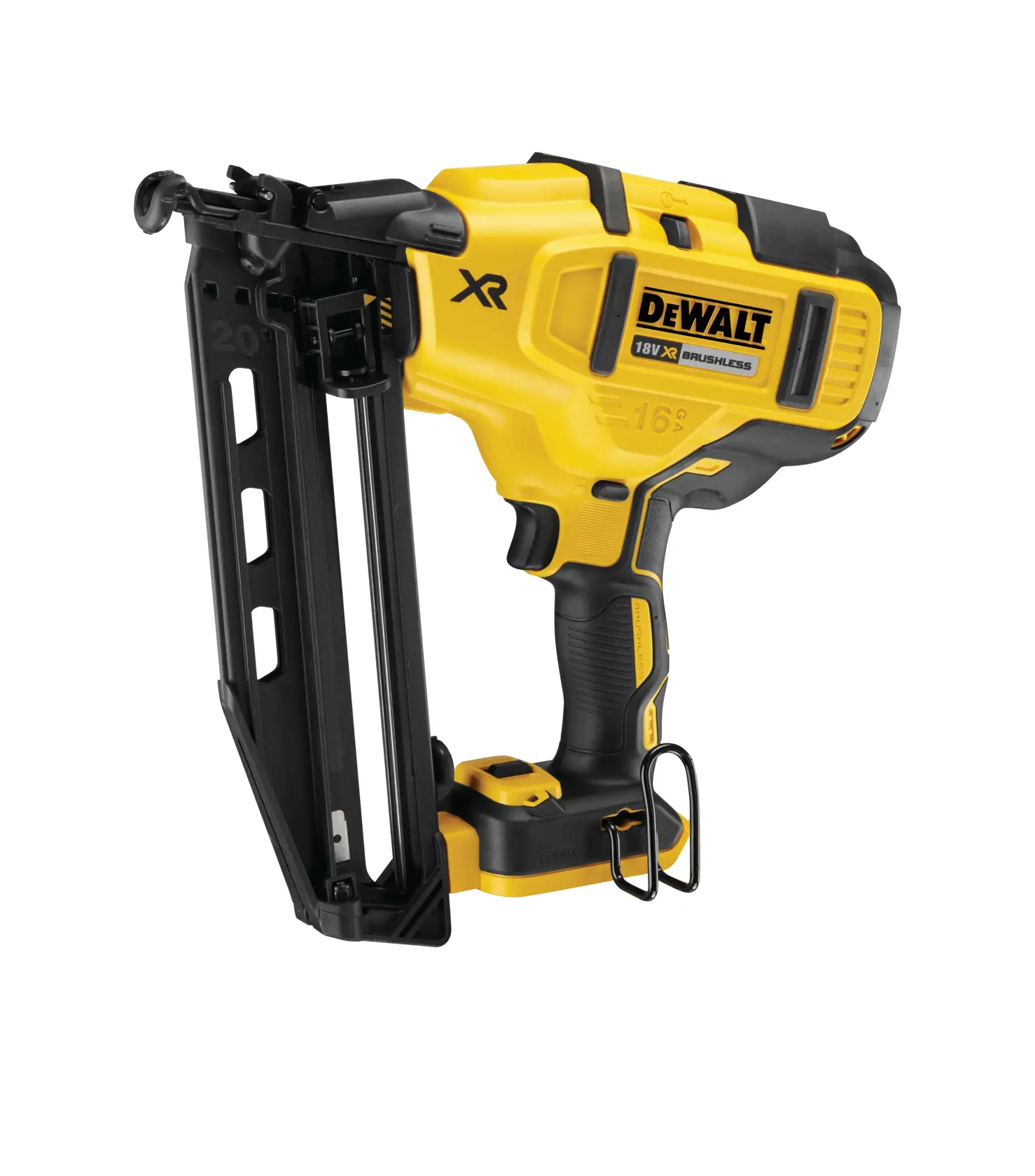 DEWALT 18V XR cordless nail gun, yellow and black, suitable for woodworking and construction tasks.