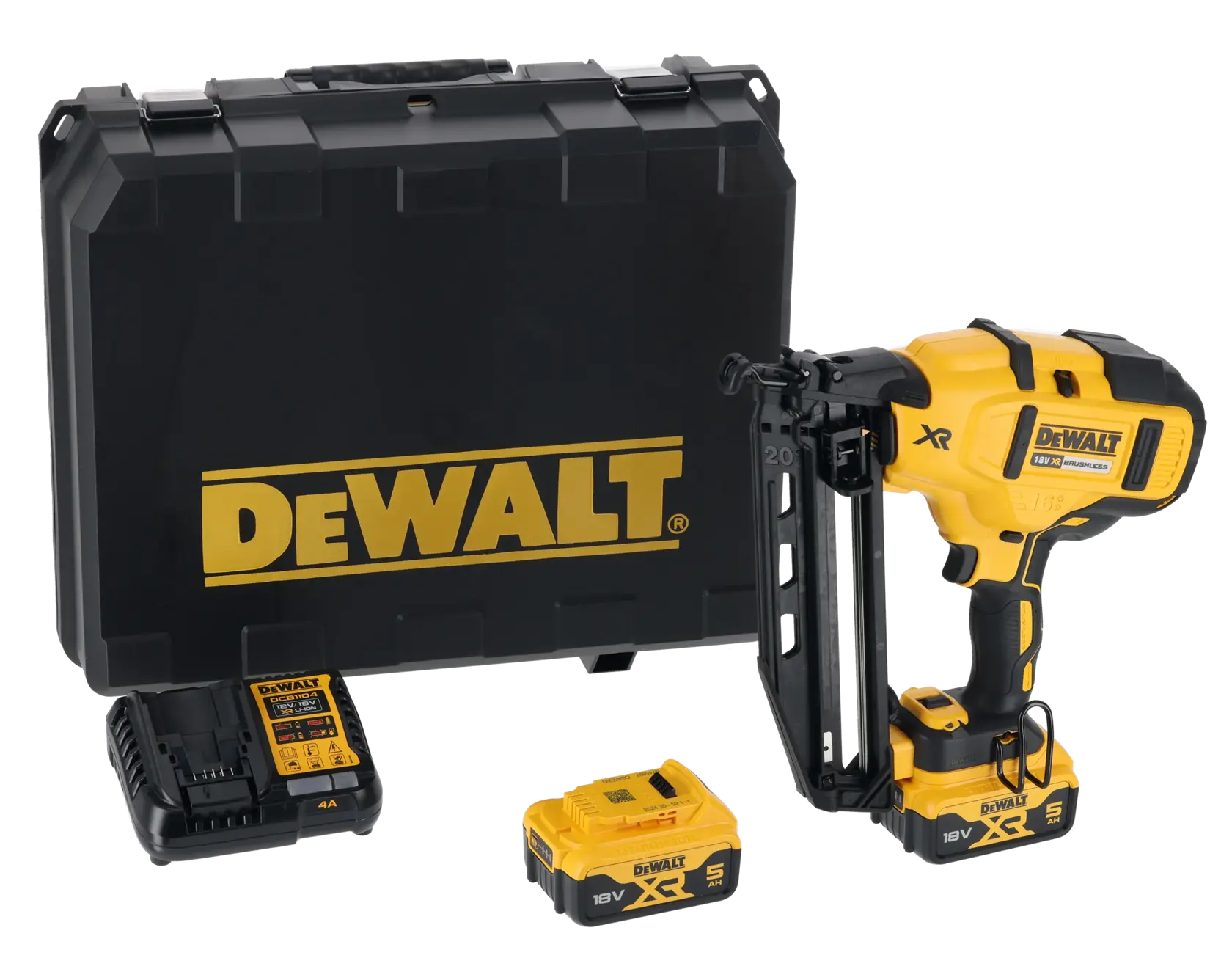 DEWALT nail gun kit with hard case, battery, and charger. Tools displayed on white background.