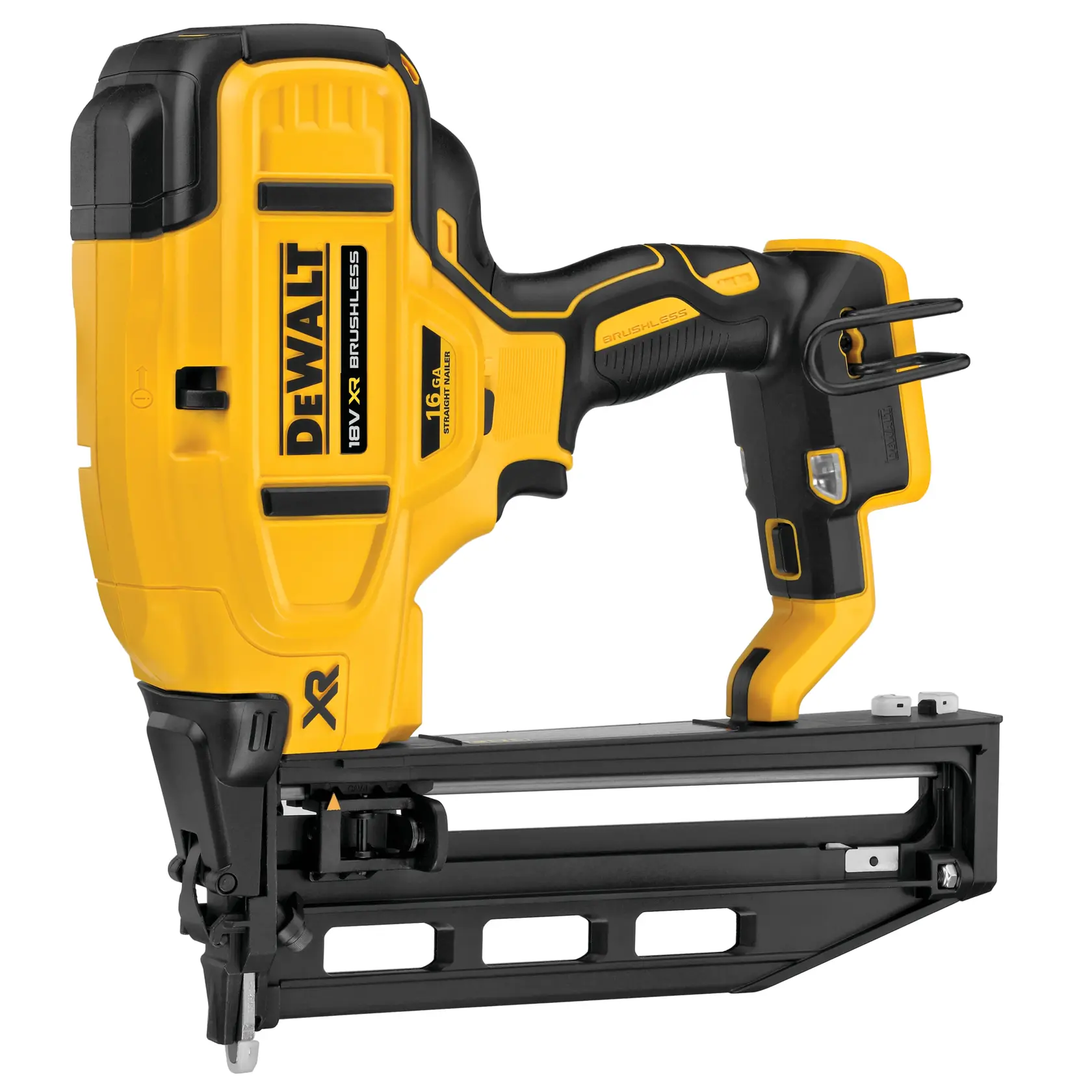 DEWALT DCN662N yellow 18V XR brushless nail gun for construction and carpentry projects.