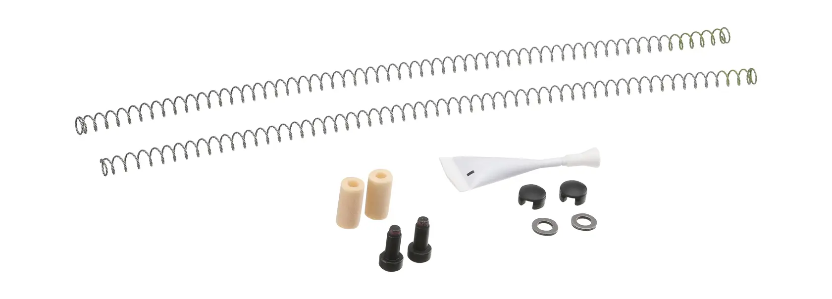 A DEWALT replacement kit containing two metal springs, two cylindrical beige components, a white plastic tool or attachment, two screws, two black caps, and two metal washers, arranged on a white background.