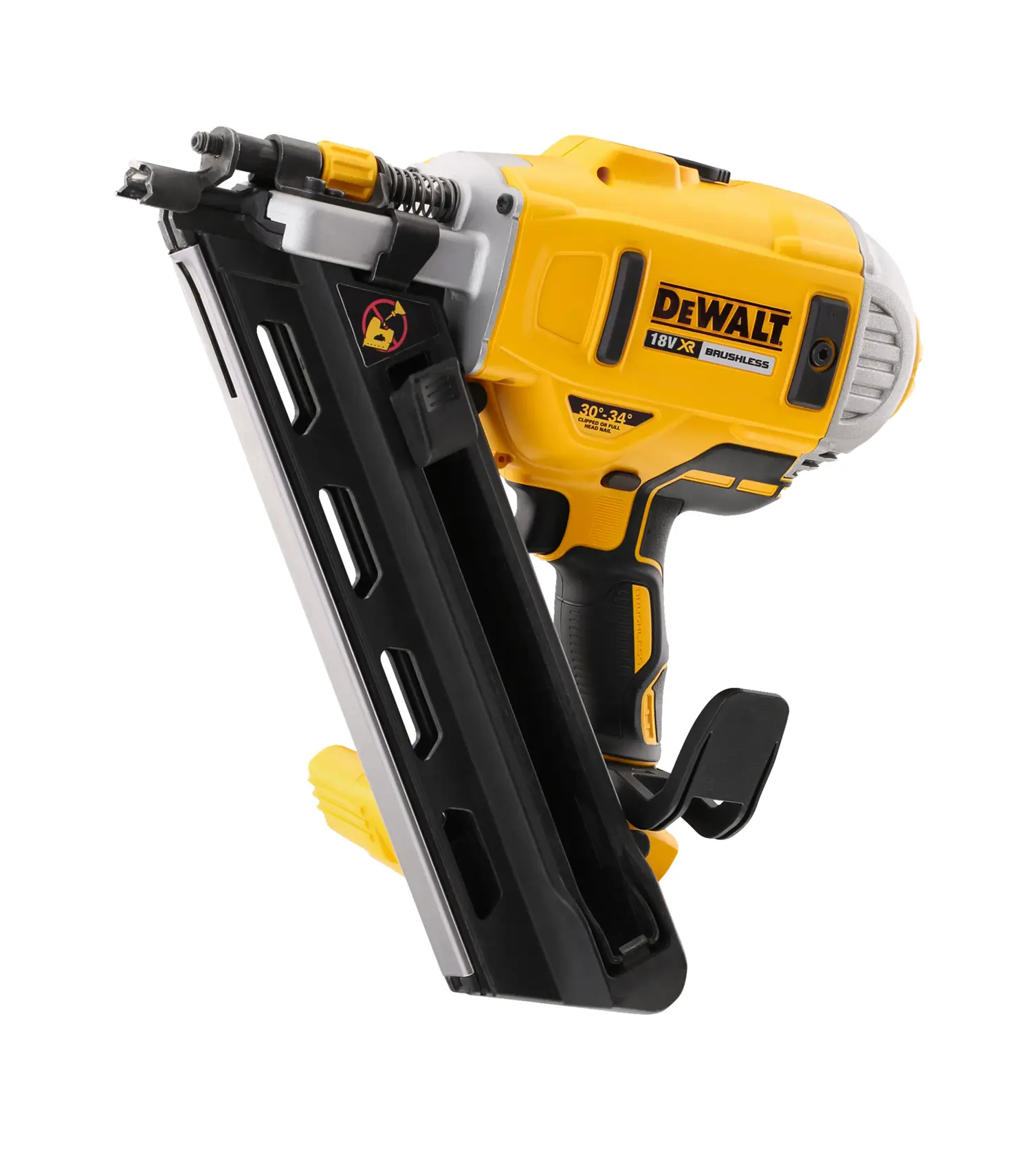 DEWALT DCN692N 18V XR brushless nail gun for construction, shown on a white background.