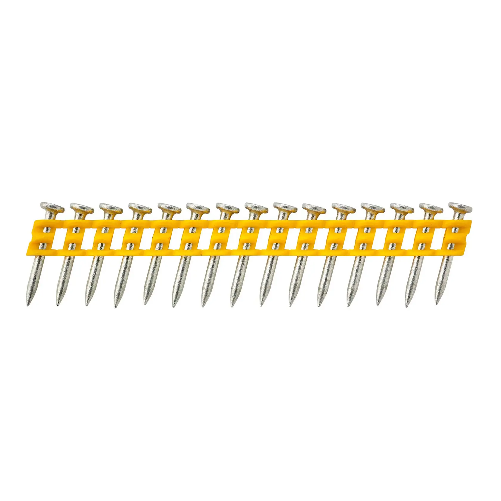 Strip of collated nails with yellow plastic holder, suitable for use with nail guns.