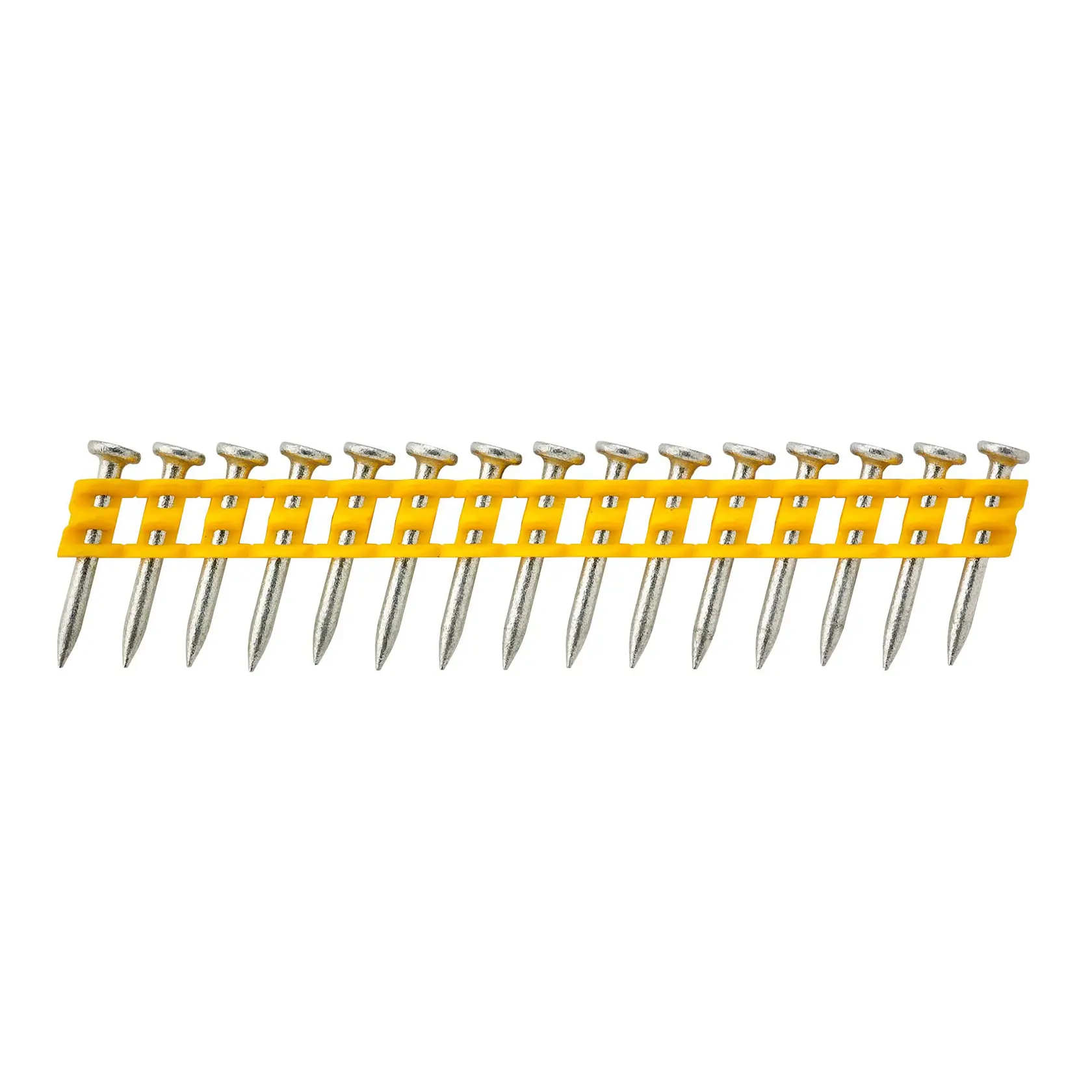 Strip of collated nails held together by yellow plastic for use in a nail gun.