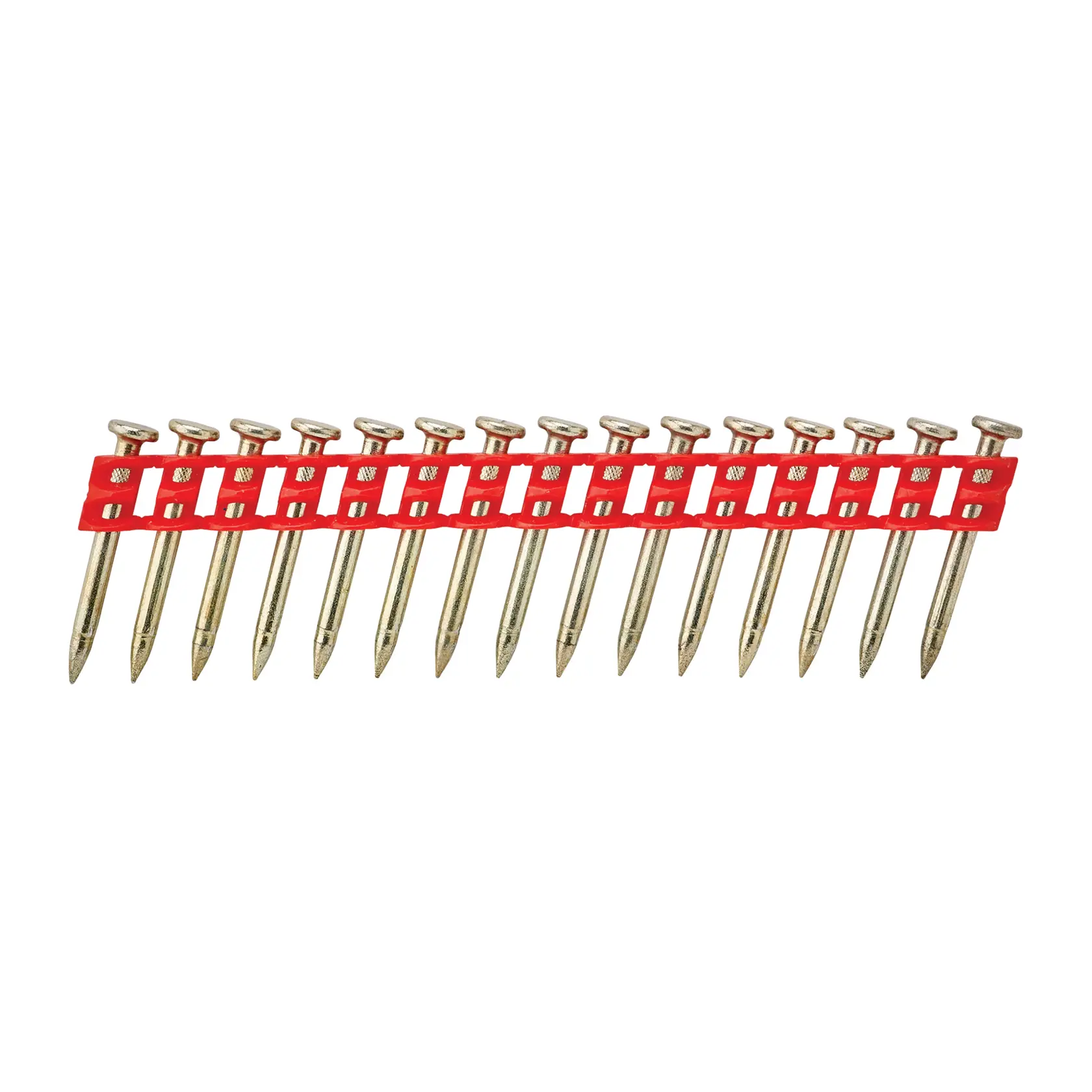 Strip of collated nails with a red plastic carrier, designed for use in a nail gun.